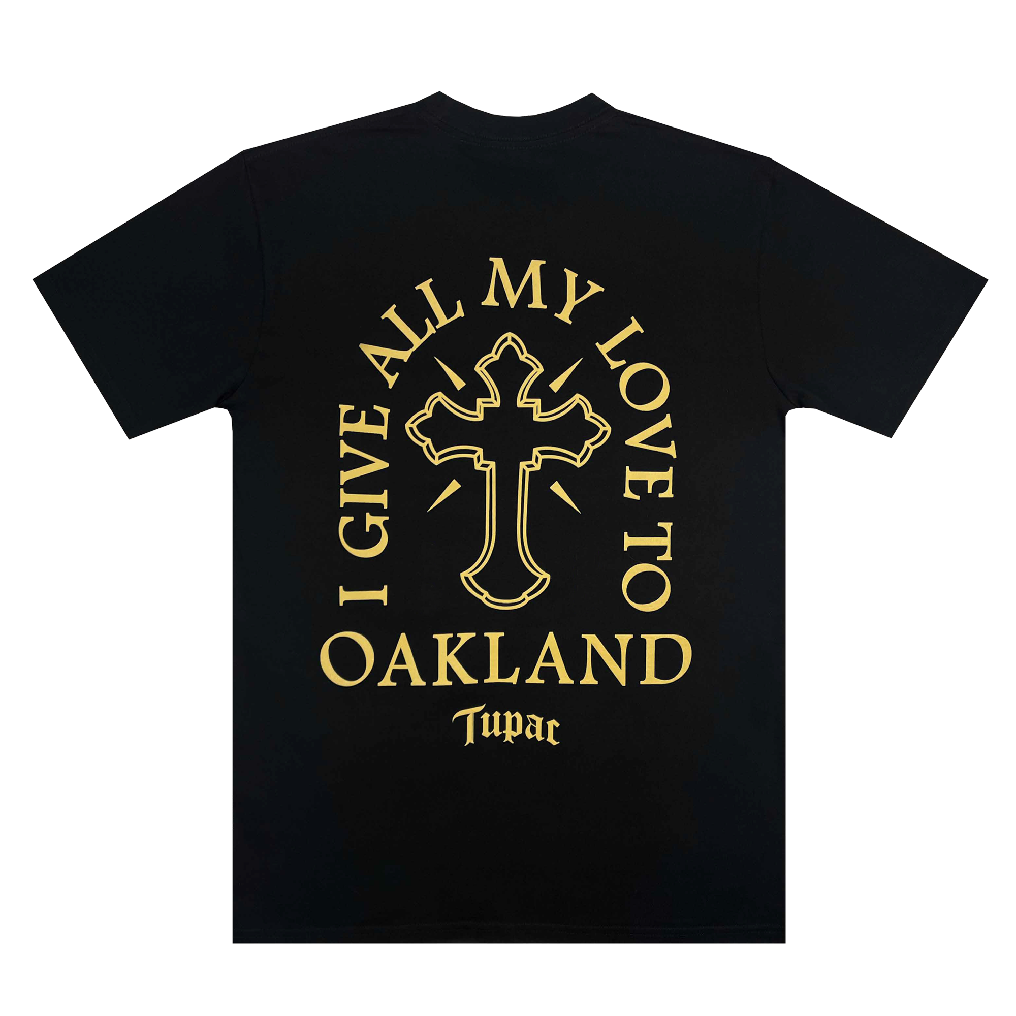 The Double Cross Tee by Oaklandish encapsulates the spirit of hip-hop culture with its black design featuring a striking gold cross on the back. Surrounding the cross is the phrase "I GIVE ALL MY LOVE TO OAKLAND," with "Tupac" prominently displayed below. Experience the unique Oaklandish vibe with this standout piece.