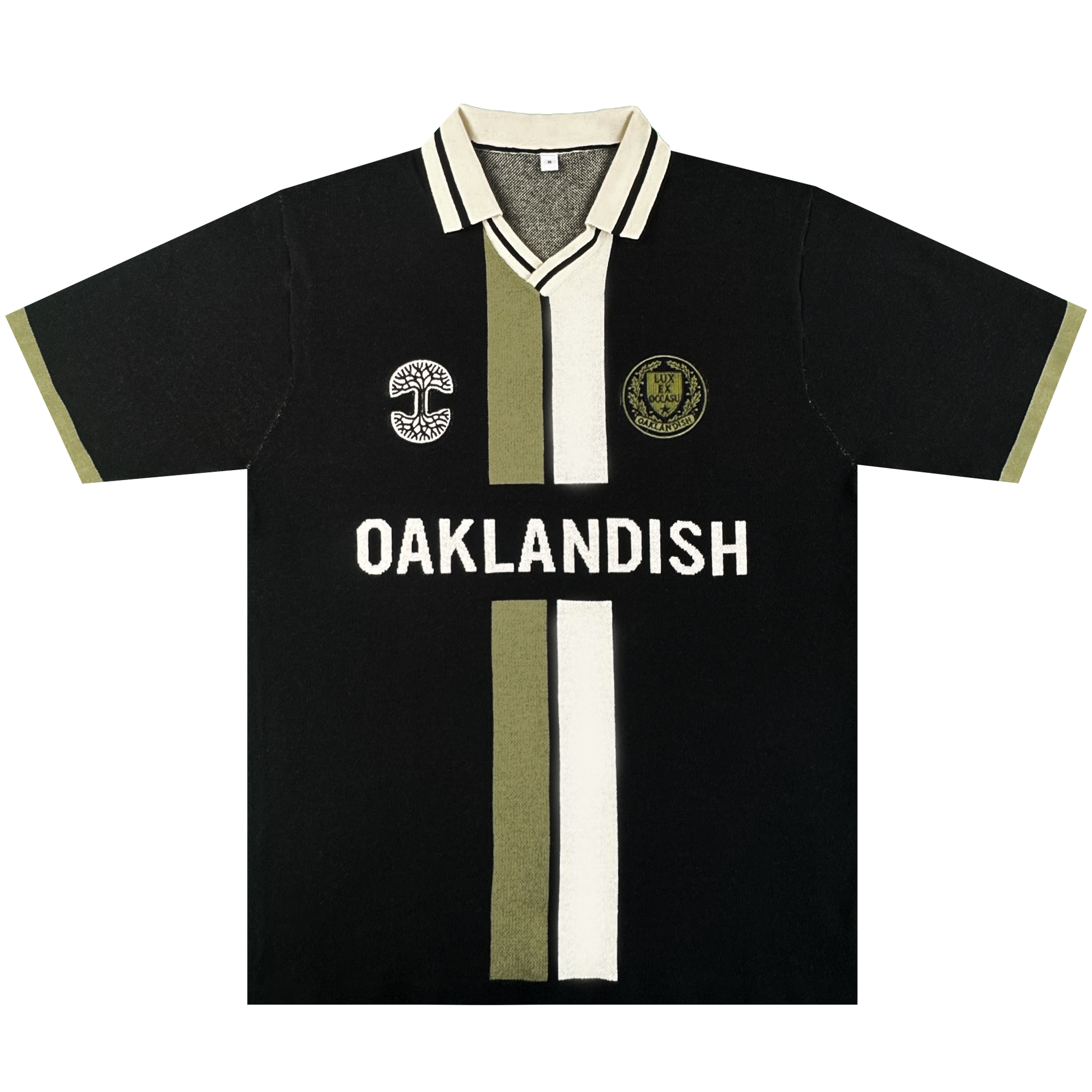 The Oaklandish Ease Jersey is a black unisex short-sleeve knit collar shirt with olive and white center stripes, bold “OAKLANDISH” across the chest, tree logo left, circular patch right, and olive trim.
