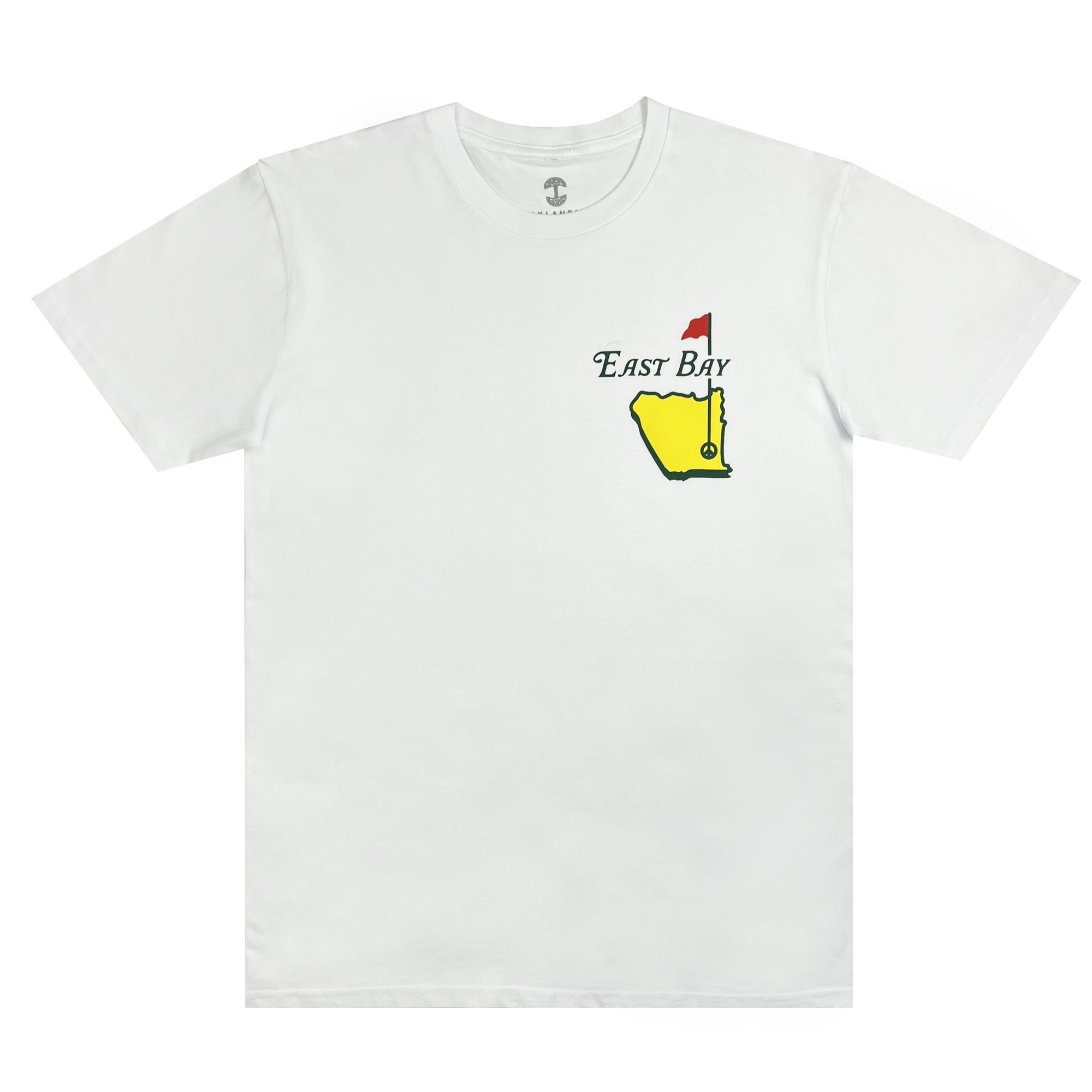 The East Bay Golf Tee by Oaklandish is a white, 100% cotton men's T-shirt featuring a classic fit with short sleeves and a round neckline. The simple graphic design on the upper left chest area includes a yellow map outline with a red flag, and the text "East Bay" in black italics above the map.