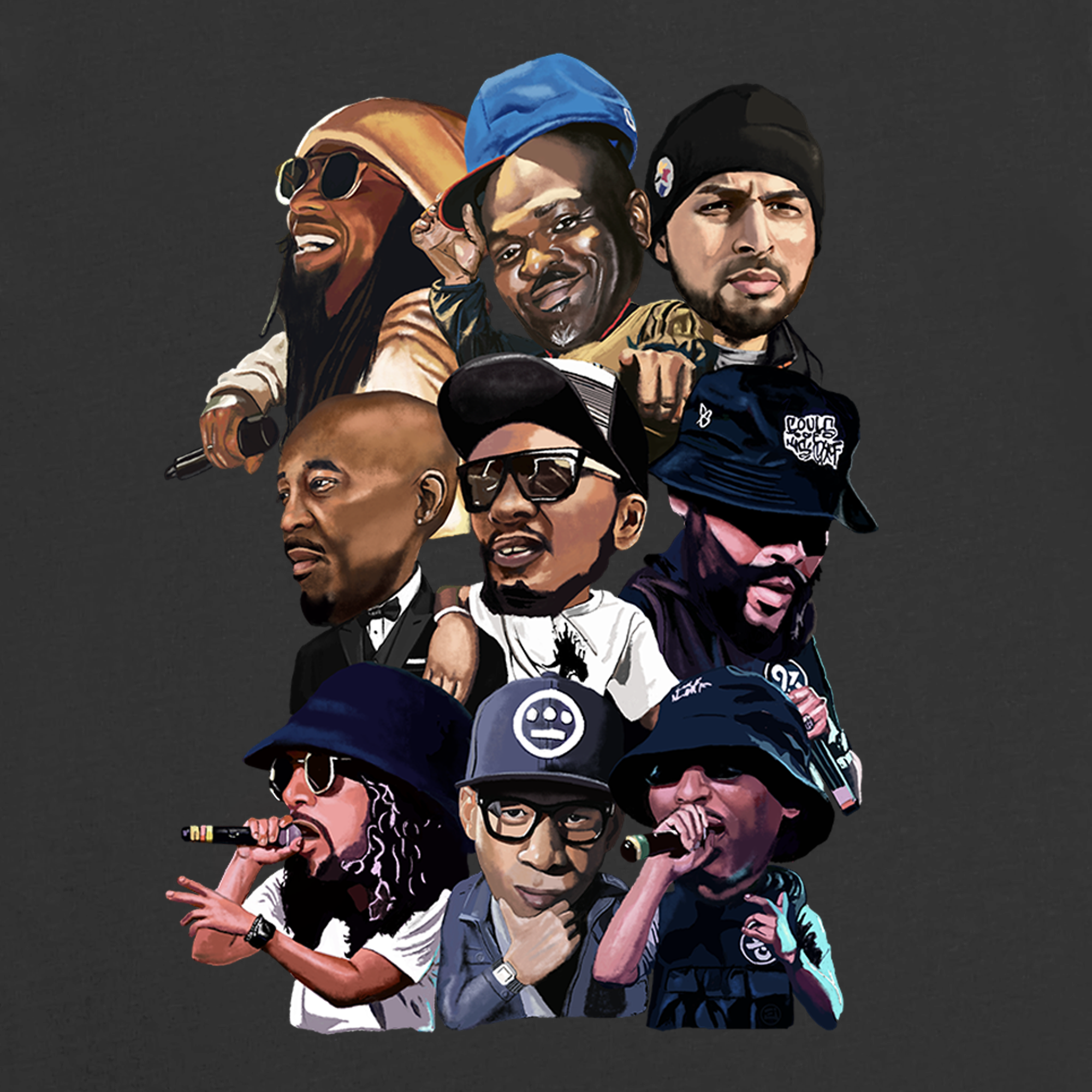 The Hieroglyphics "Faces of Hieroglyphics" tee features a vibrant illustrated collage by Eric Jue with nine Bay Area hip-hop artists, each depicted in dynamic poses with unique hats, sunglasses, or jewelry.