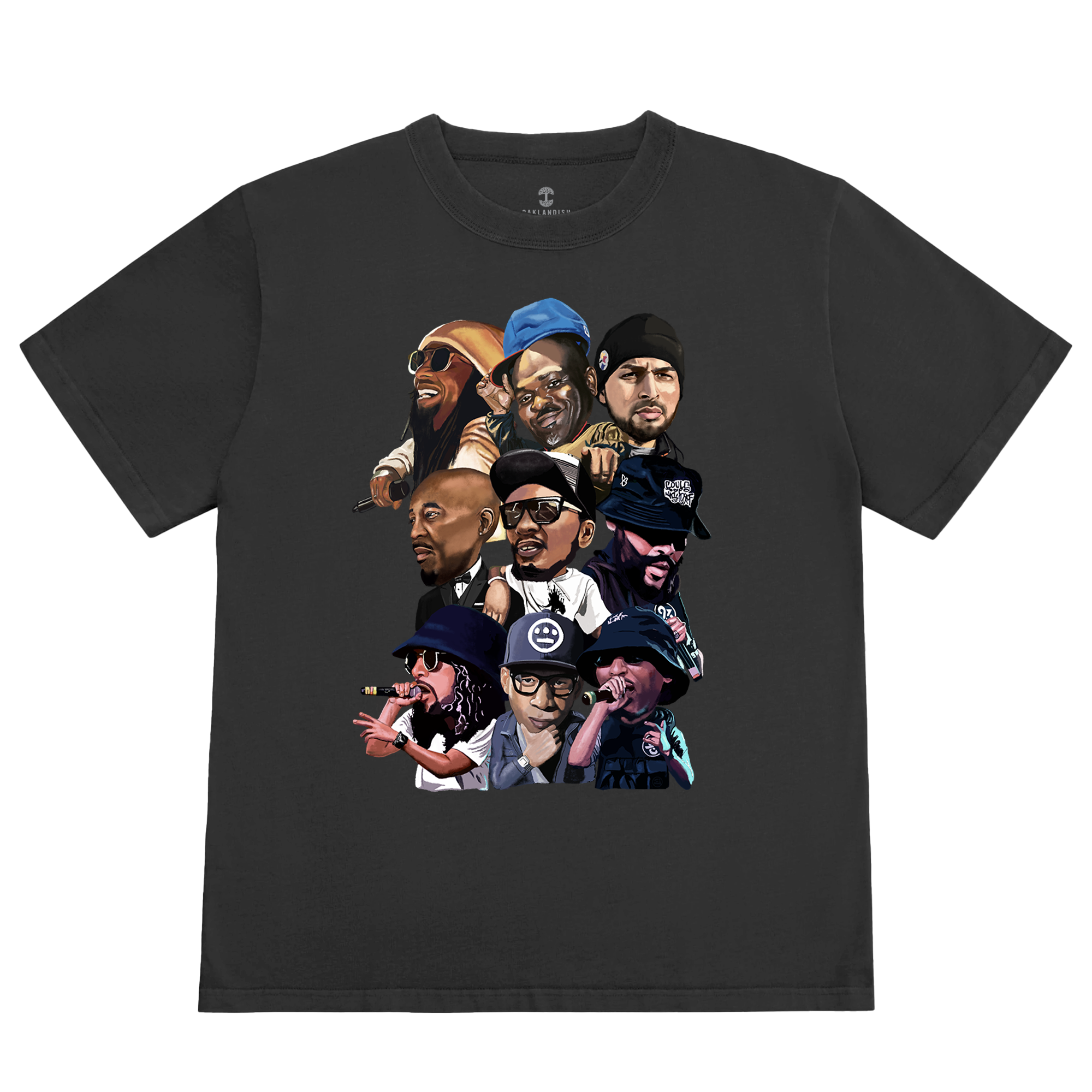 The Faces of Hieroglyphics Tee by other showcases illustrated portraits of nine Bay Area Hieroglyphics Crew legends, designed in vibrant detail by Eric Jue Illustrates on a classic black T-shirt.