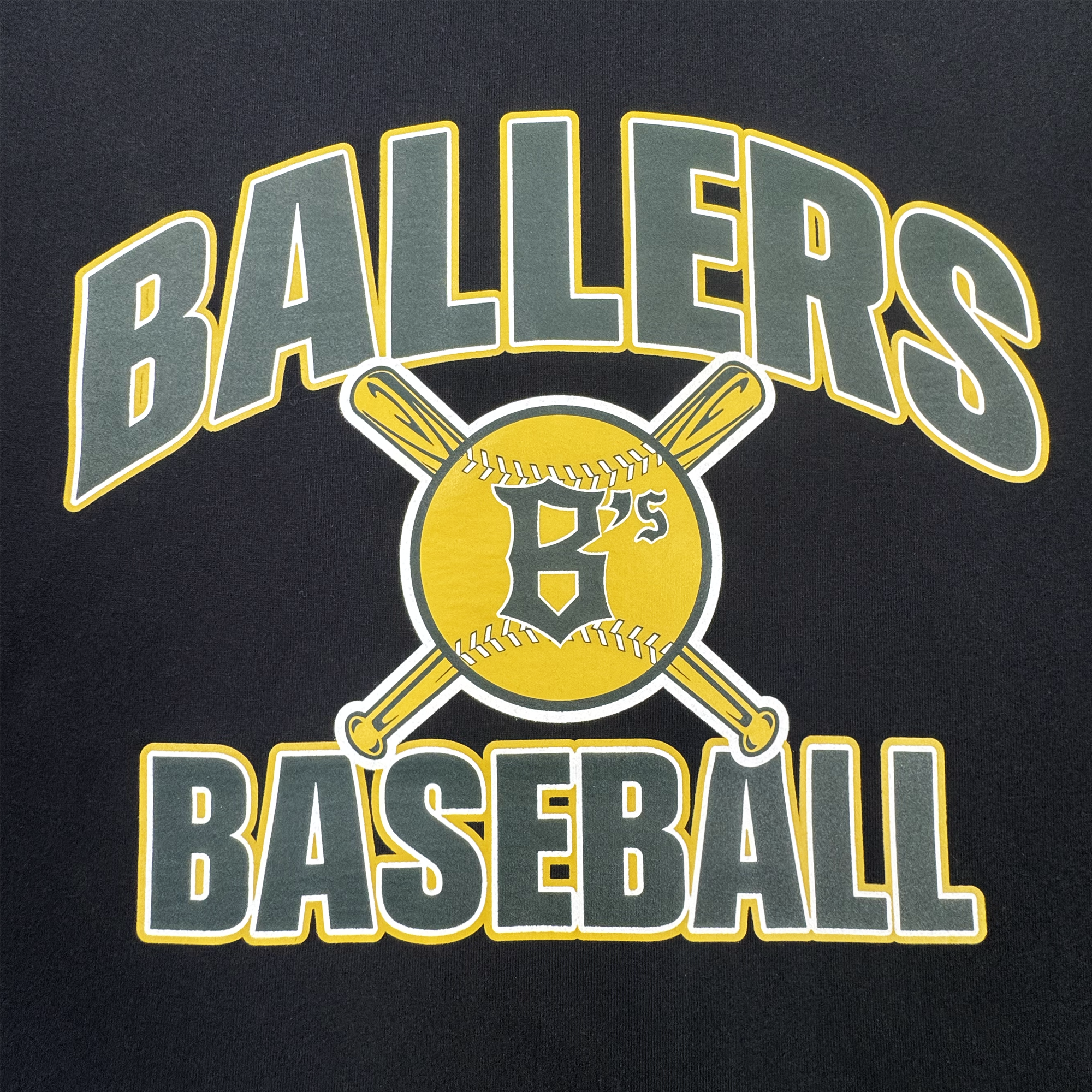 Oakland Ballers’ Fireball Tee features bold green and yellow “Ballers Baseball” lettering that pops on the men’s black t-shirt. At the center, two yellow bats cross behind a yellow baseball encircled with a black “B’s” and a small star—creating a striking visual against the sleek black backdrop of this classic-fit tee. Crafted from heavyweight cotton, the Fireball Tee delivers both superior durability and standout style for true fans.