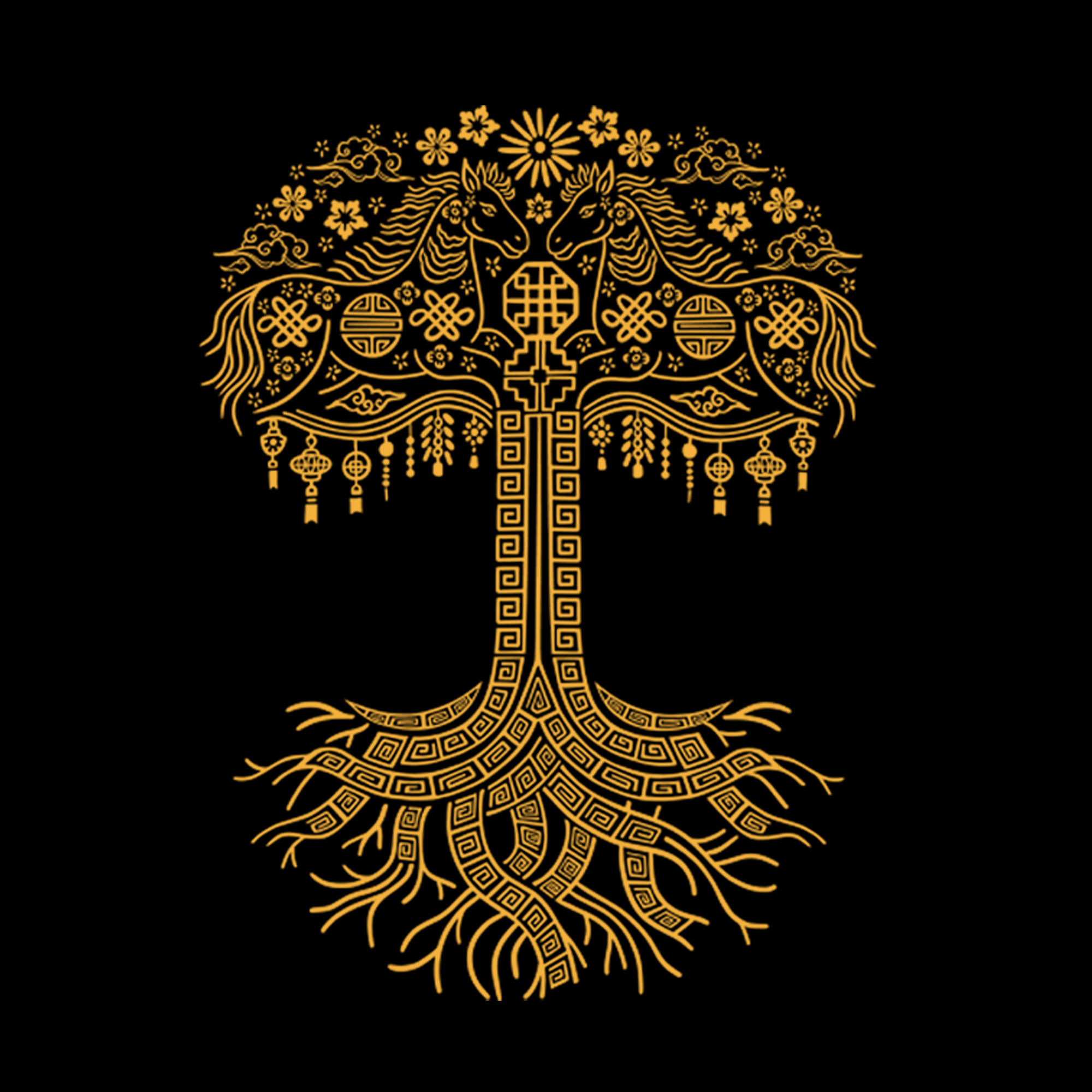 Oaklandish’s Fire Horse Tee features a golden, decorative tree with swirling roots and a geometric trunk. Two unicorns emerge from the leafy canopy, surrounded by flowers and ornaments in an ornate, symmetrical design on black cotton.