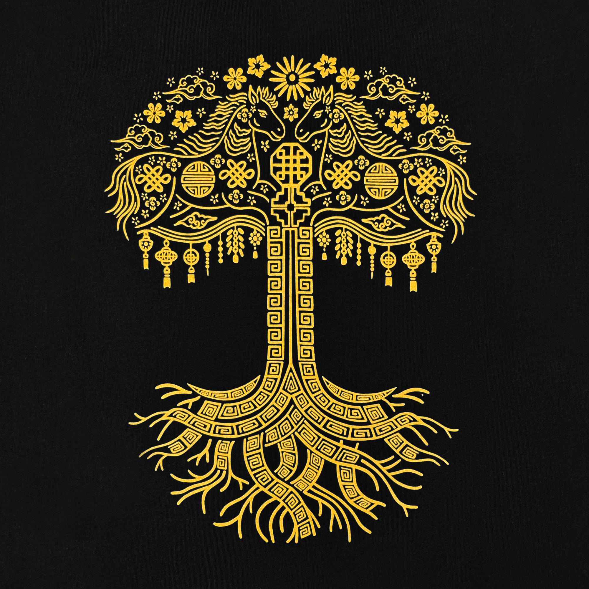 The Oaklandish Fire Horse Tee features a golden tree with ornate branches and roots on black, two stylized horses for the Year of the Fire Horse, and is accented with floral patterns, lanterns, geometric shapes, and symmetrical detailing.