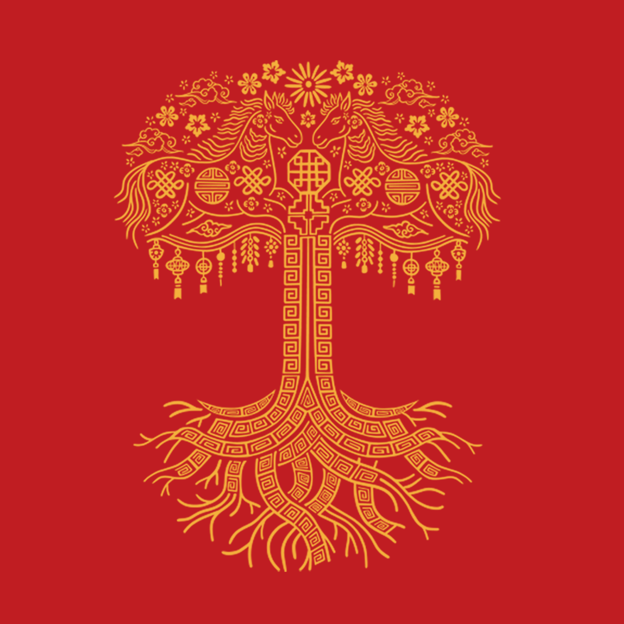 The Oaklandish Toddler Fire Horse Tee features a golden ornate tree on a red background, with stylized horses, flowers, coins, and lanterns in a decorative symmetrical design.