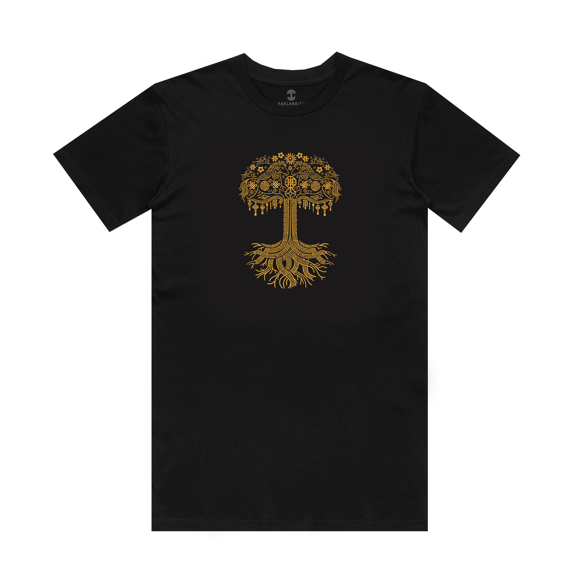 The Fire Horse Tee by Oaklandish is a black, 100% cotton classic fit t-shirt featuring a gold tree with intricate branches and roots, symbolizing balance—ideal for those inspired by the Year of the Fire Horse.