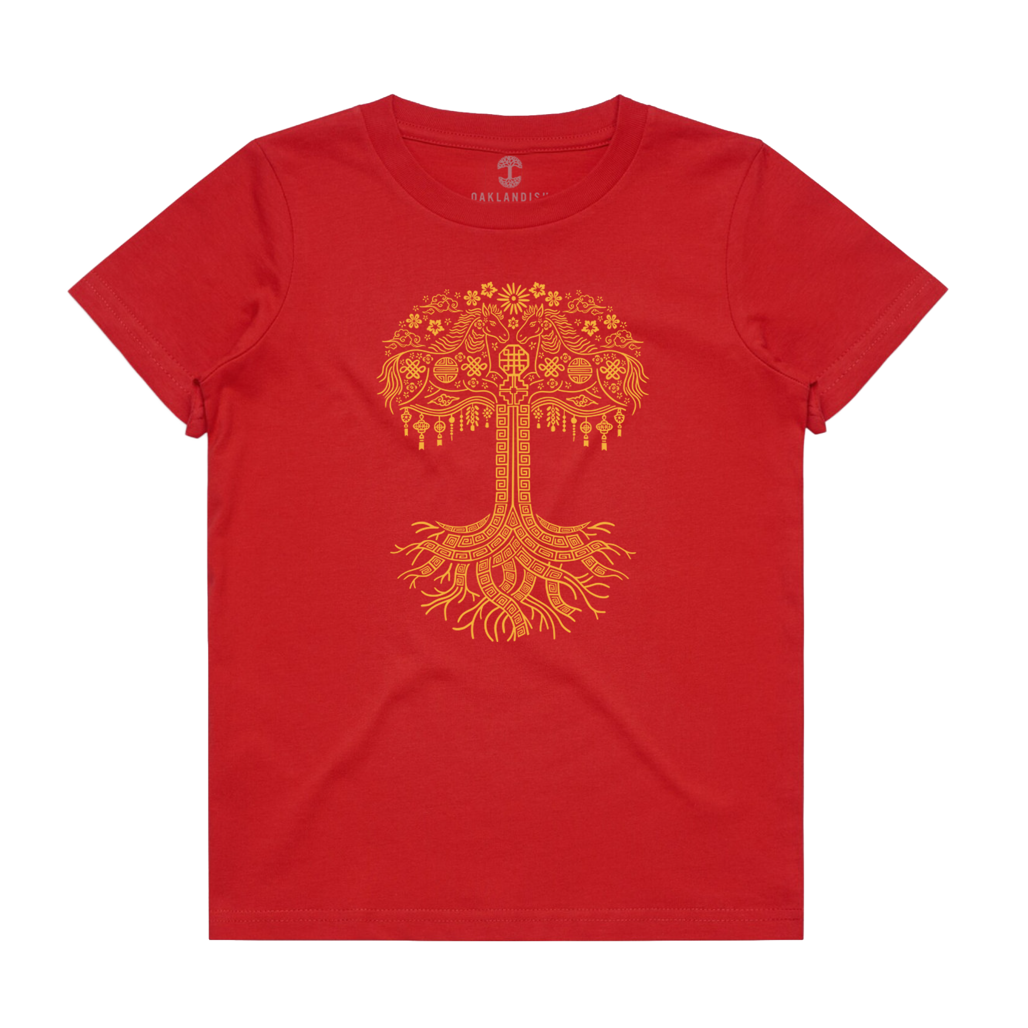 The Oaklandish Youth Fire Horse Tee is a vibrant red 100% cotton shirt featuring a bold yellow-orange tree bursting with floral and geometric patterns and wide, artistic roots on the front.