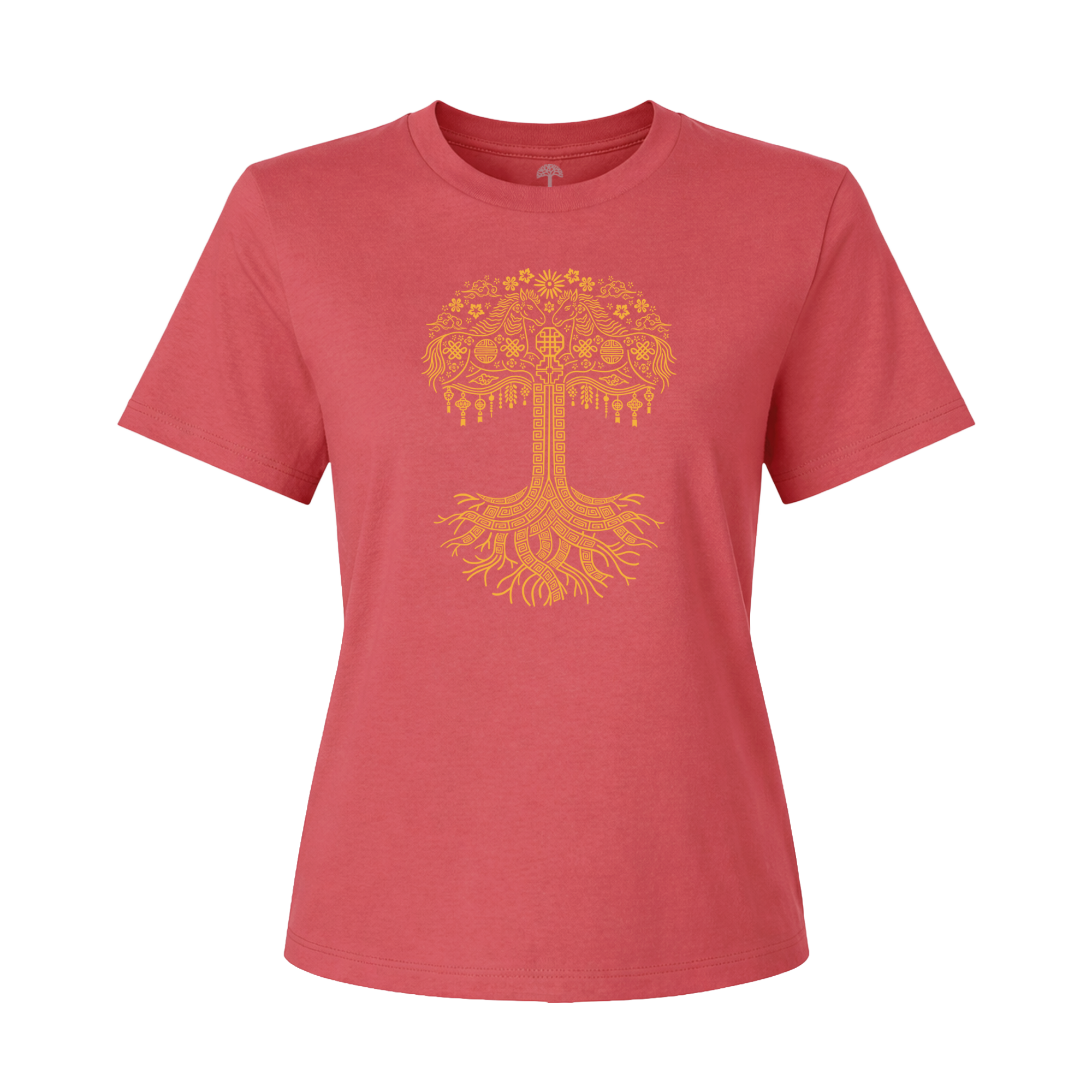 The Women's Fire Horse Tee by Oaklandish is a classic fit, vintage red short-sleeve shirt featuring a stylized yellow tree with ornate patterns and floral accents, inspired by the Year of the Fire Horse.