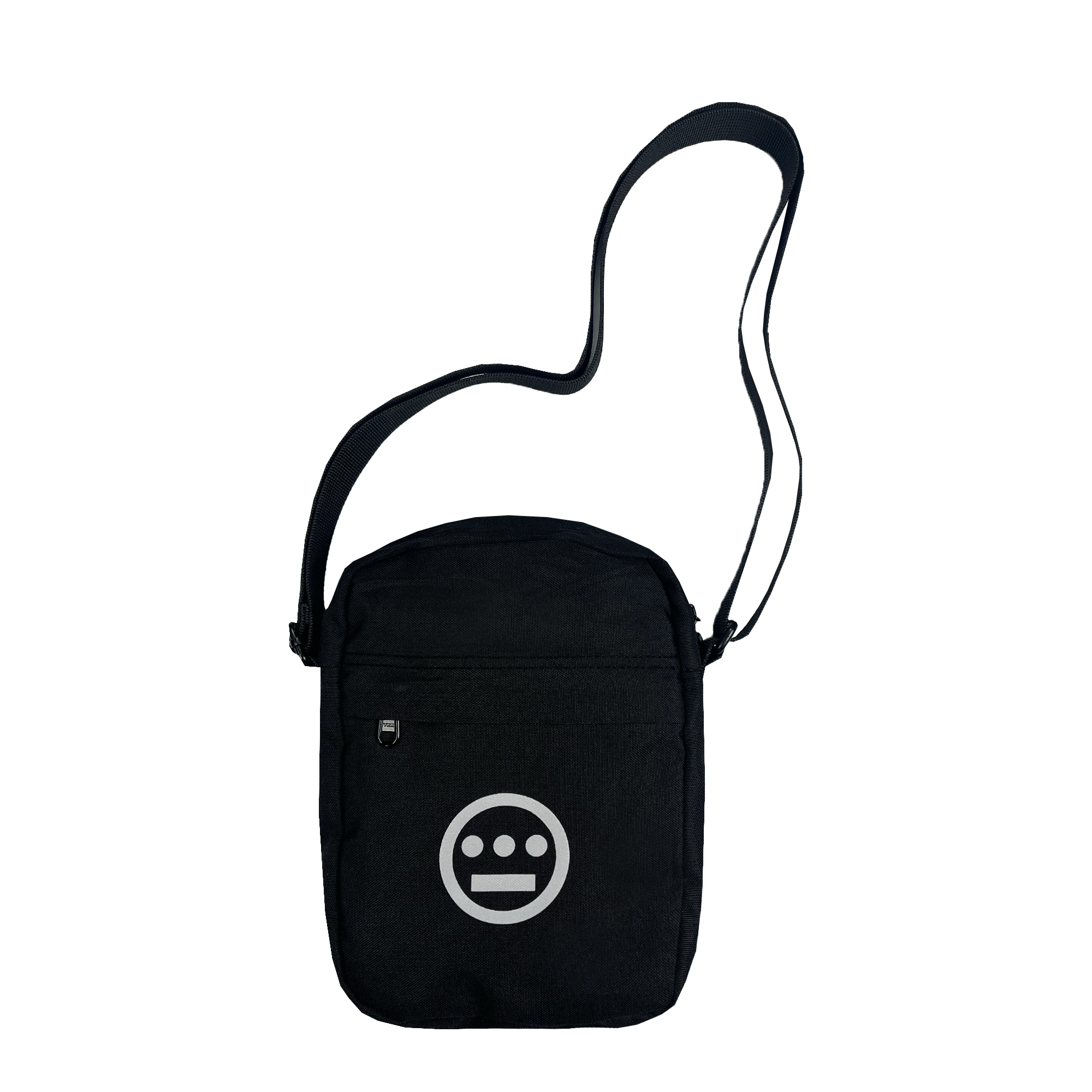 The Hiero Flight Bag by Hieroglyphics, a black polyester crossbody shoulder bag with a slim design, is shown. It features a large front pocket adorned with a simple white face icon made up of three solid dots as eyes and a mouth, along with a shoulder strap that extends upward to create a loop. Perfect for your hip-hop crew’s urban style.