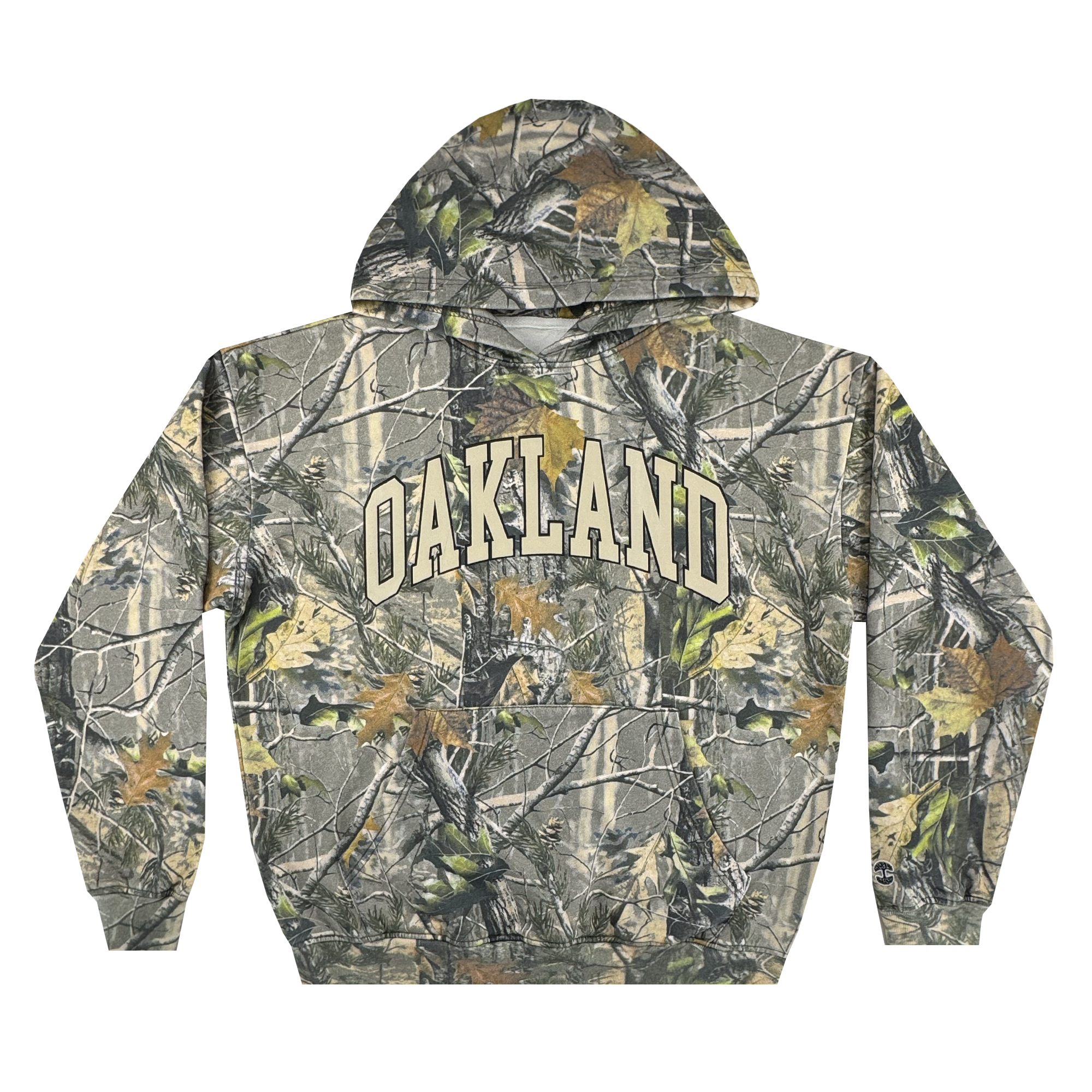 The Oaklandish Foliage Hoodie features a green, brown, and gray wood camo pattern, bold cream "OAKLAND" lettering, an embroidered tree logo, front pocket, and adjustable drawstring hood.
