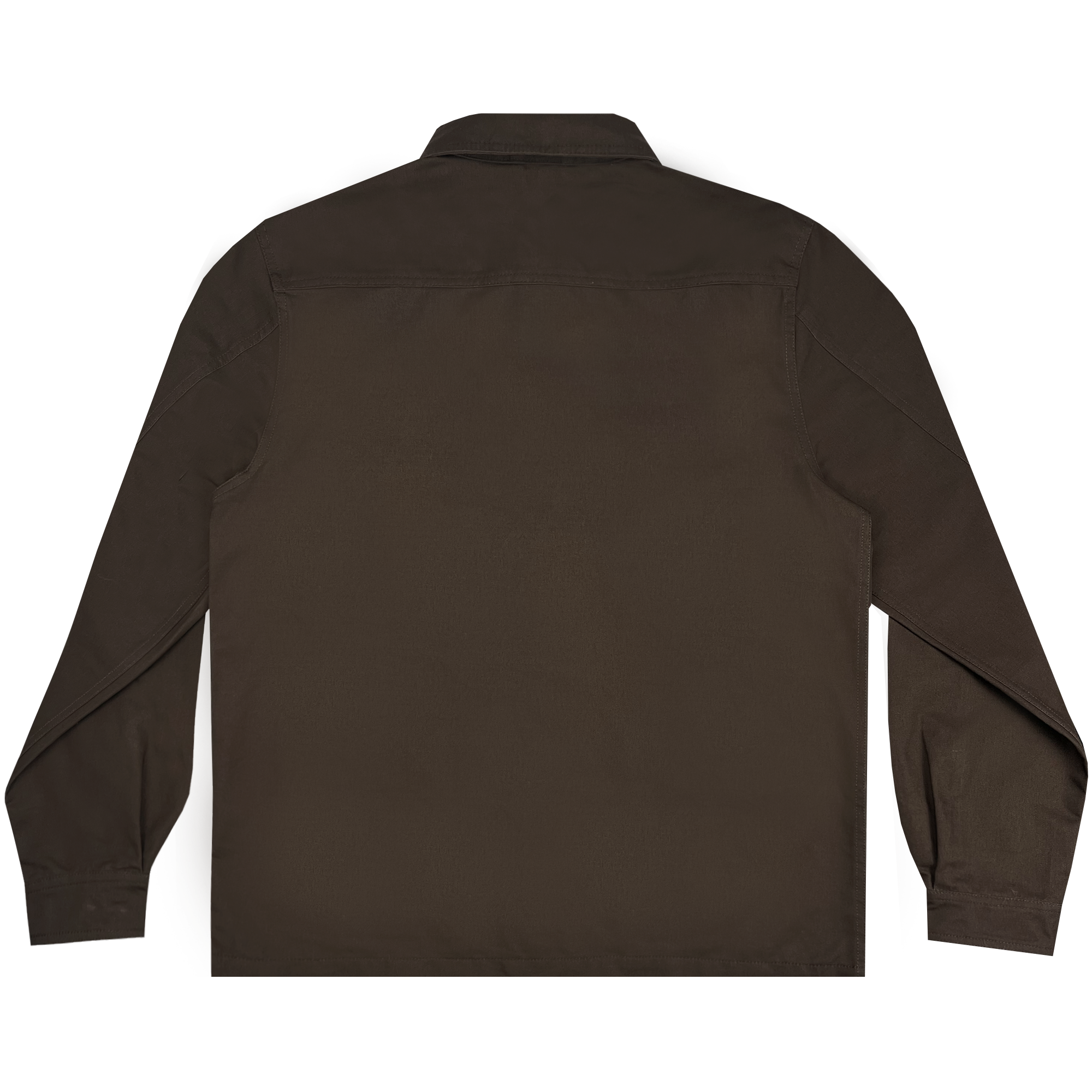 The Forge Field Jacket by Oaklandish is depicted from the back, showcasing its simple, solid brown color with no visible patterns or decorations. This long-sleeved collared shirt jacket features a standard collar and cuffs. The fabric appears to be of medium thickness and offers durable water-repellent properties, making it suitable for cooler weather conditions.