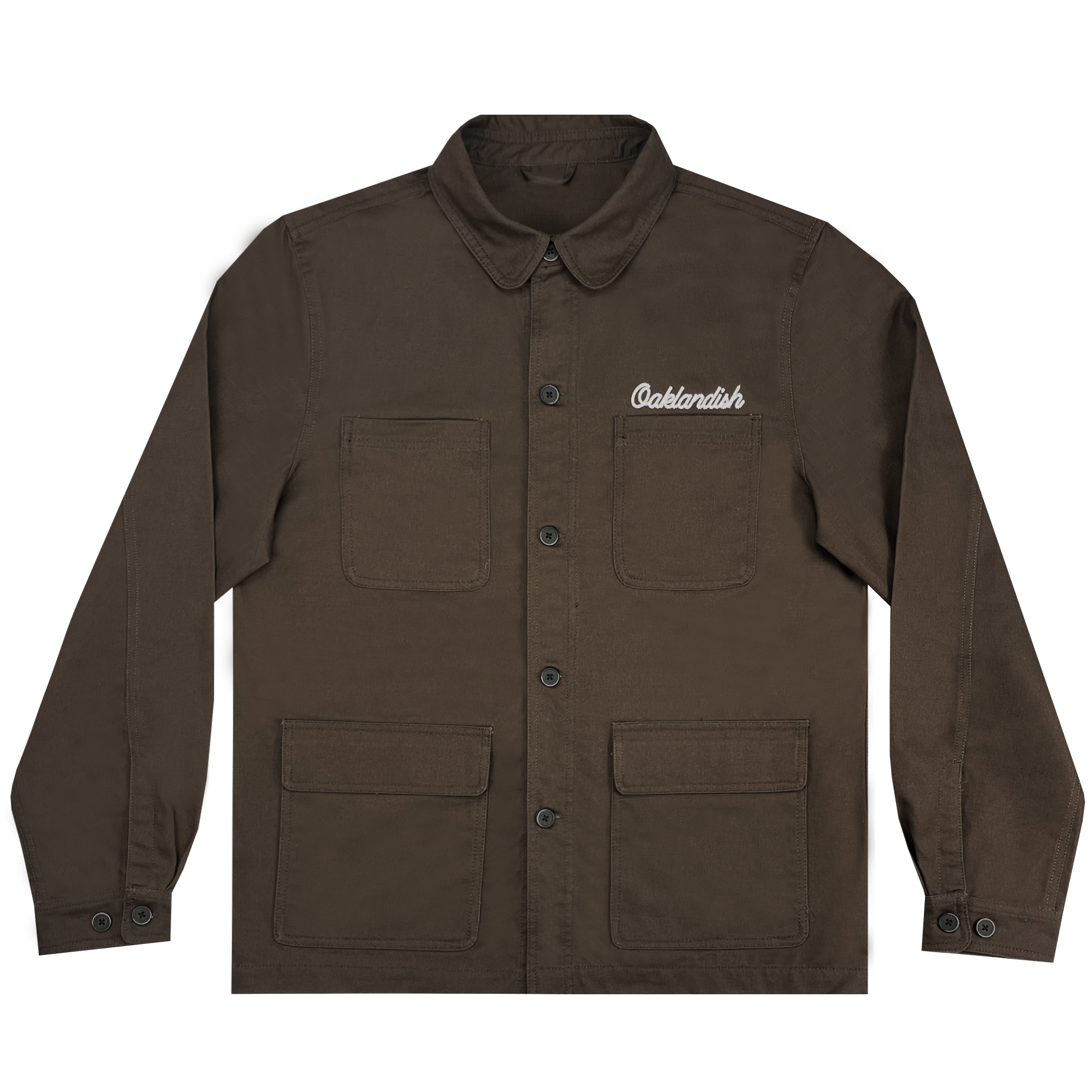 The Forge Field Jacket by Oaklandish is a brown button-up jacket featuring long sleeves and a collar. It includes four front pockets: two on the chest and two larger pockets near the hem. "Oaklandish" is embroidered in white script on the left chest pocket. This men's sizing jacket comes with black buttons, buttoned cuffs, and has a durable water repellent finish.