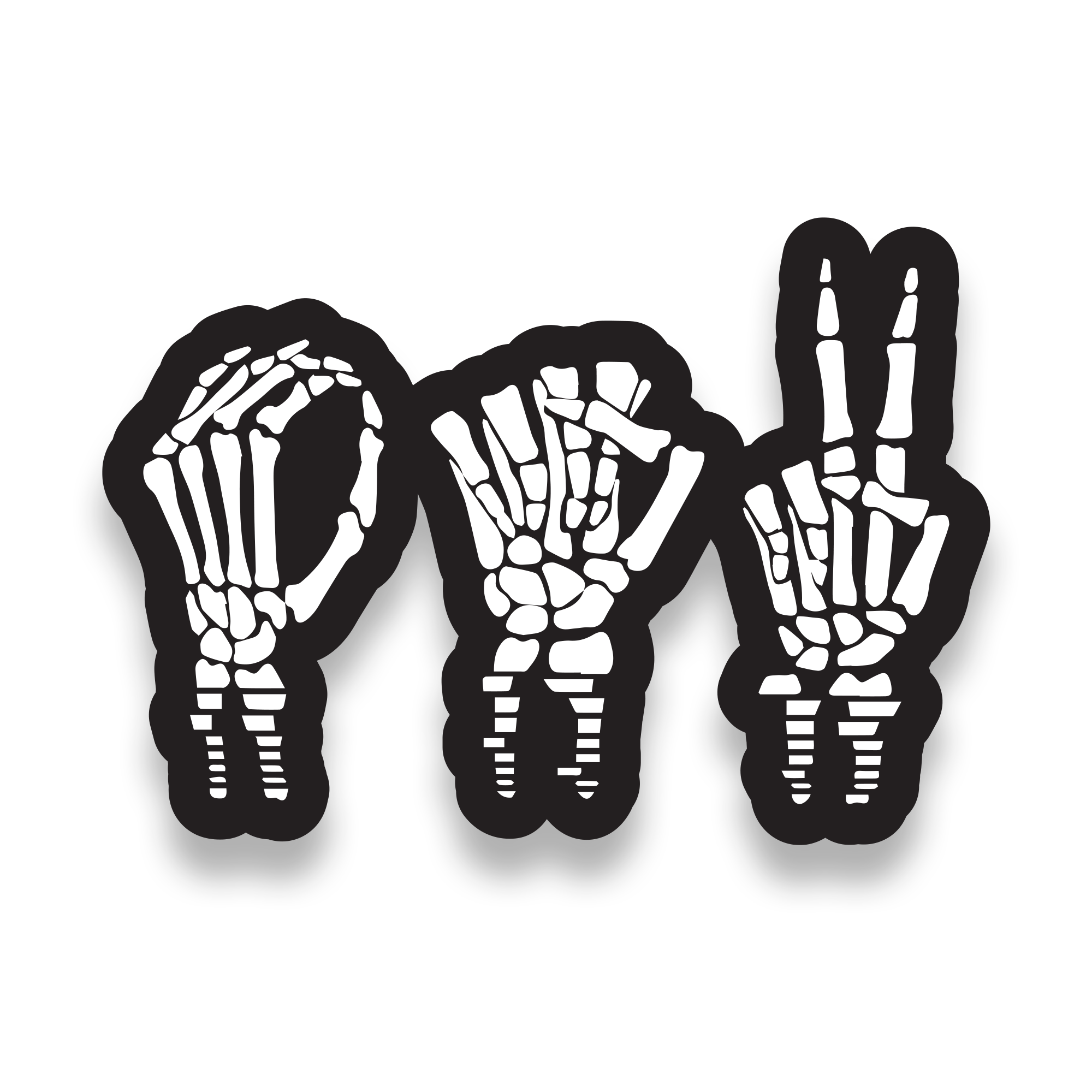 The Bony Sticker by Oaklandish features skeleton hands forming "P," "E," and "A" with unique hand signs against a black background—thumb and index for "P," three fingers for "E," and raised index/middle fingers for "A." Perfect as edgy stickers or accessories for that Oakland vibe.