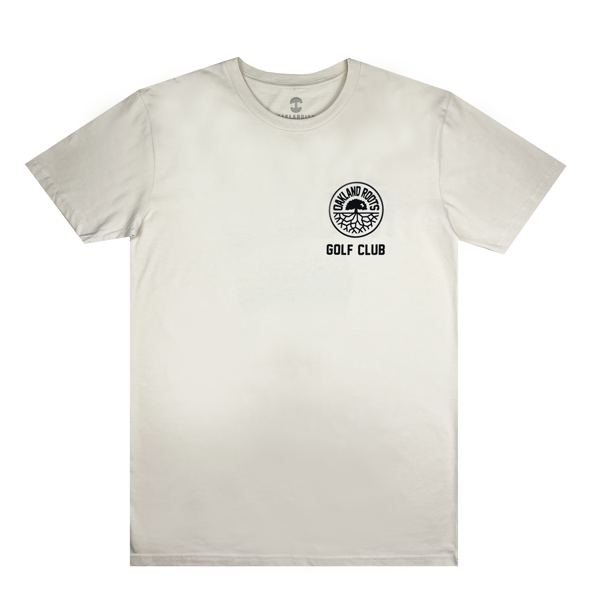 A white, short-sleeved Golf Club Tee by Oakland Roots SC. The left chest area features a black circular logo with the text "DIAMOND BOOTS" at the top and "GOLF CLUB" at the bottom, encircling an image of a boot on a bed of grass. Embrace both style and social good with this sports club inspired tee from Oakland Roots SC.