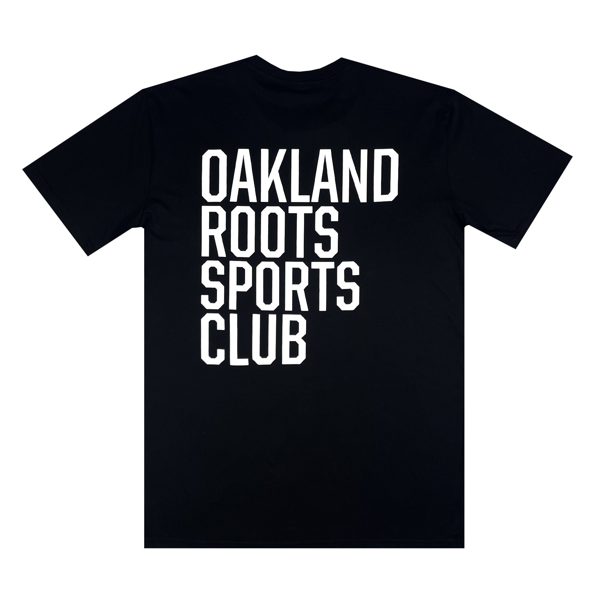 A black "Golf Origins Tee" from Oakland Roots SC, featuring the words "OAKLAND ROOTS SPORTS CLUB" printed in bold, white, uppercase letters in a vertical stack on the front center. The background is plain white to clearly display the shirt design and highlight Oakland Roots SC's commitment to social good.