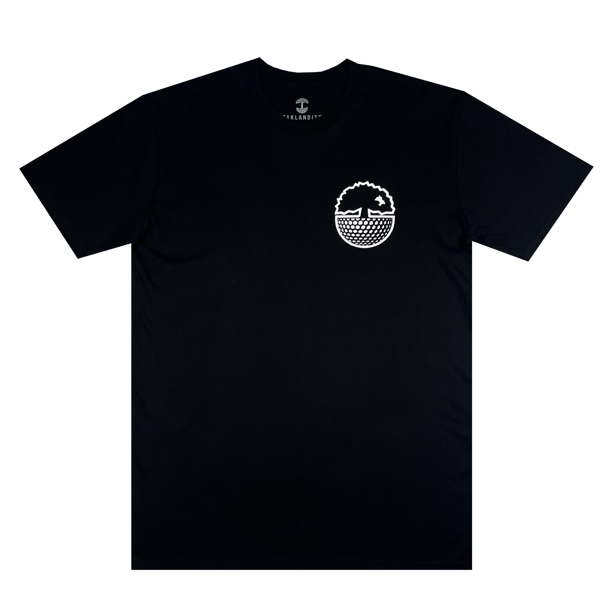 The Golf Origins Tee by Oakland Roots SC is a black t-shirt featuring a small, white, stylized graphic on the left chest area. The graphic depicts a raccoon face peeking out from a pocket or similar semicircular outline. Clean and modern with minimal details, this tee subtly nods to the Oakland Roots Sports Club's commitment to social good.