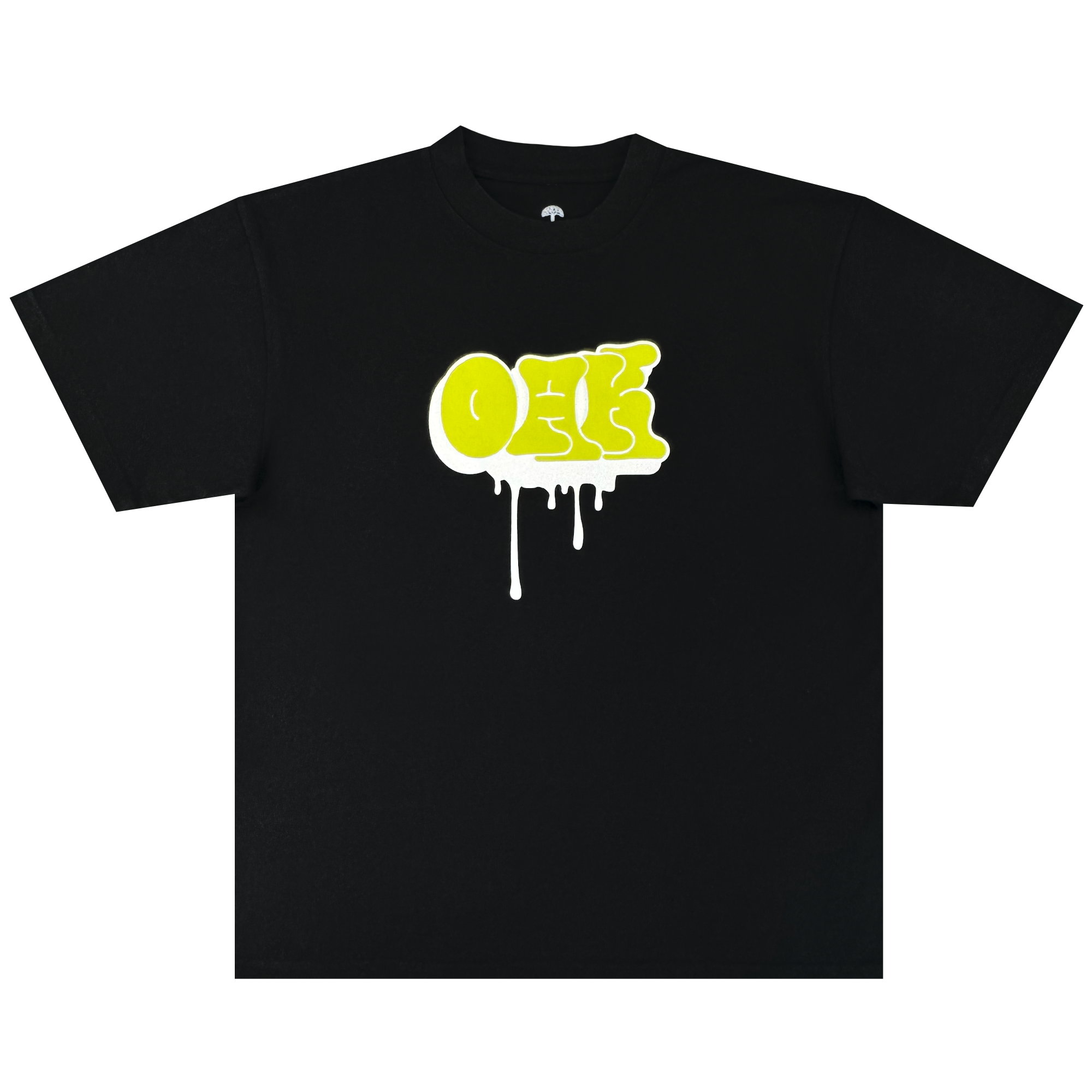 The Oaklandish Graff OAK Tee is a black, heavyweight 100% cotton t-shirt with a bold yellow graffiti-style “ONE” logo and white paint drips, shown laid flat on a plain white background for classic comfort and style.