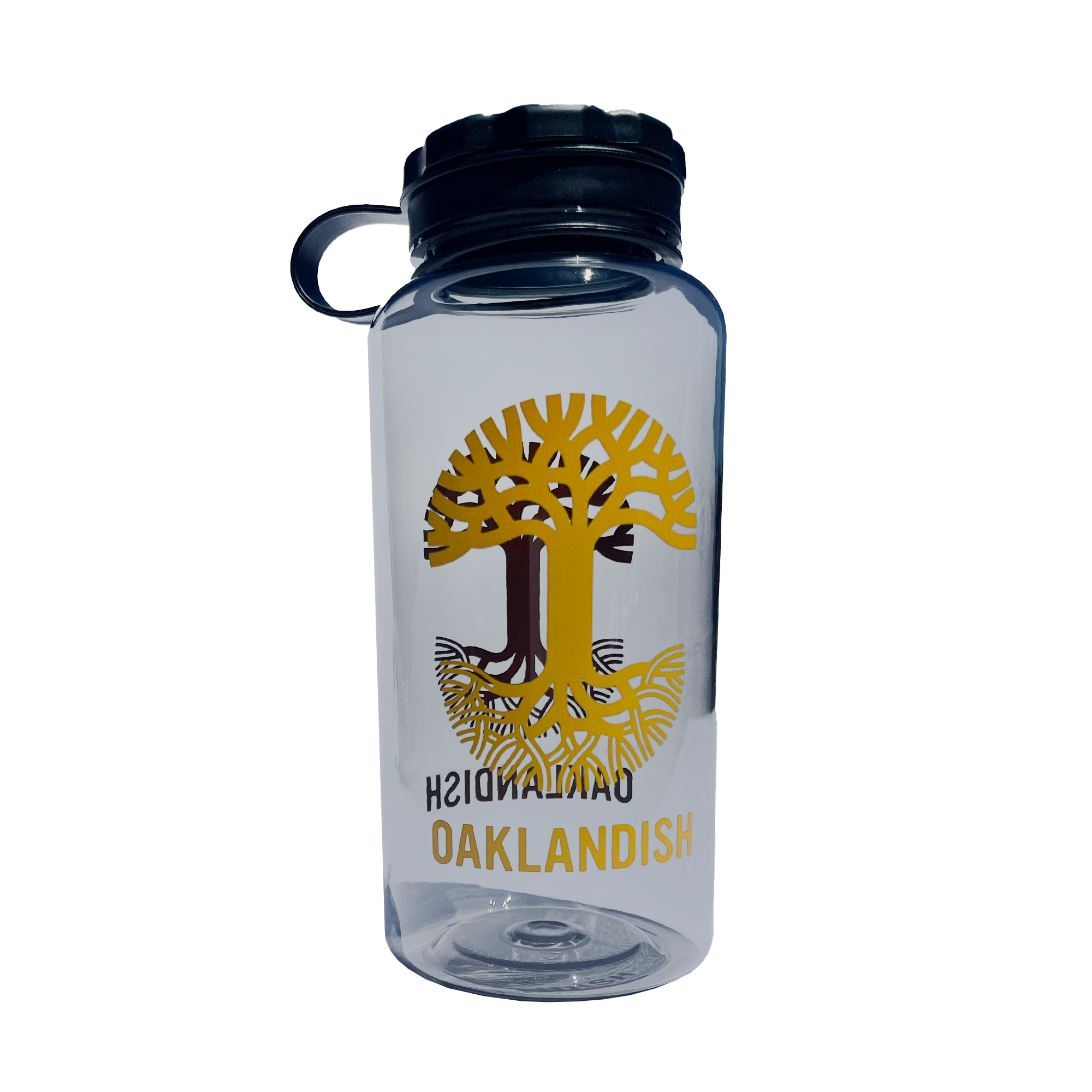 An Oaklandish Swig Bottle, a clear water bottle made from Eastman Tritan with a black lid and carrying loop, is placed on a white surface against a blue background. The BPA-free bottle features an intricate yellow tree graphic with "OAKLANDISH" written in capital letters below it. The text beneath the tree design appears partially mirrored.