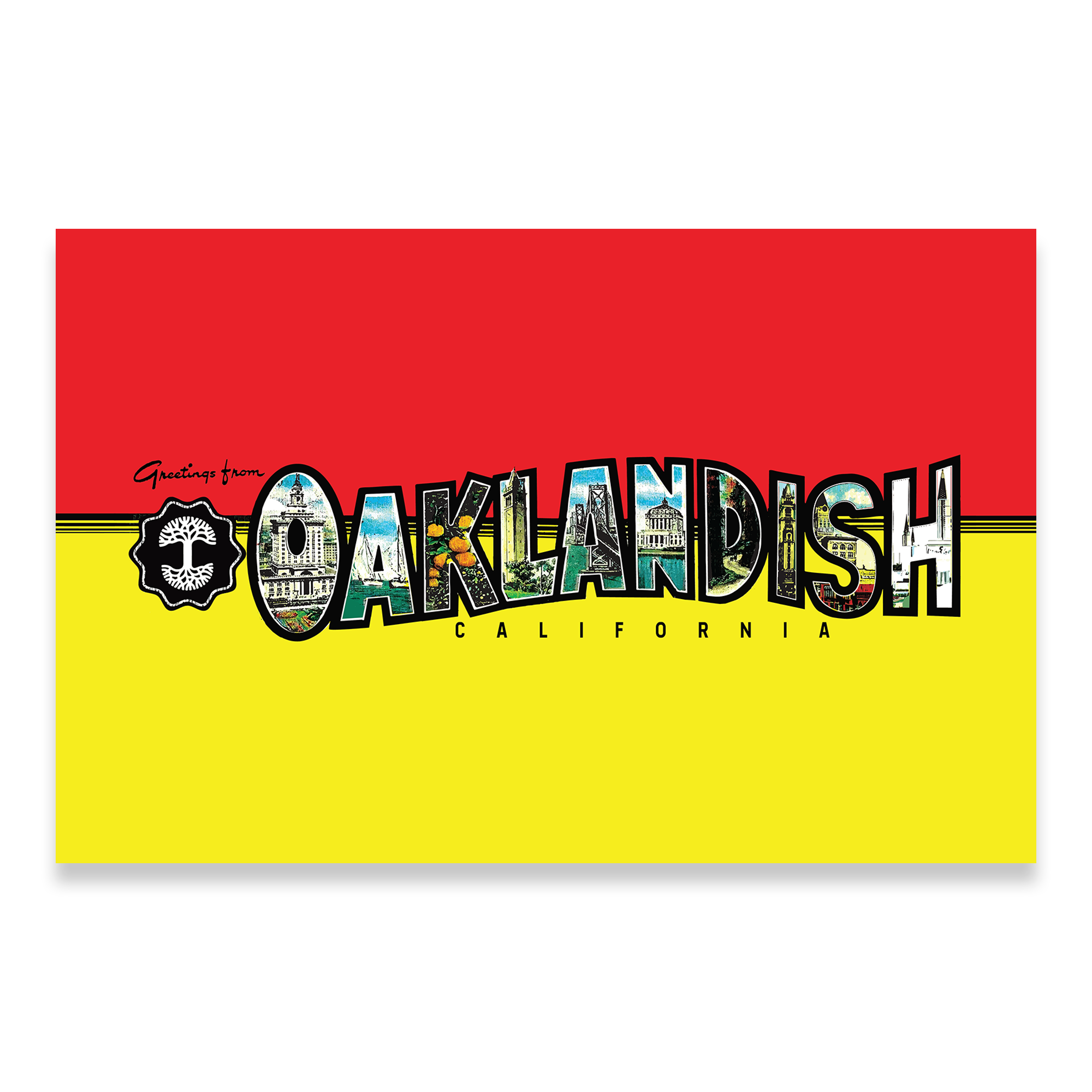 The "Greetings from Oakland Poster" by Oaklandish features a vintage-style graphic with "Greetings from OAKLANDISH California" in bold letters. A red and yellow divided background and images of Oakland landmarks within the text complete the souvenir vibe, all framed by a black border.