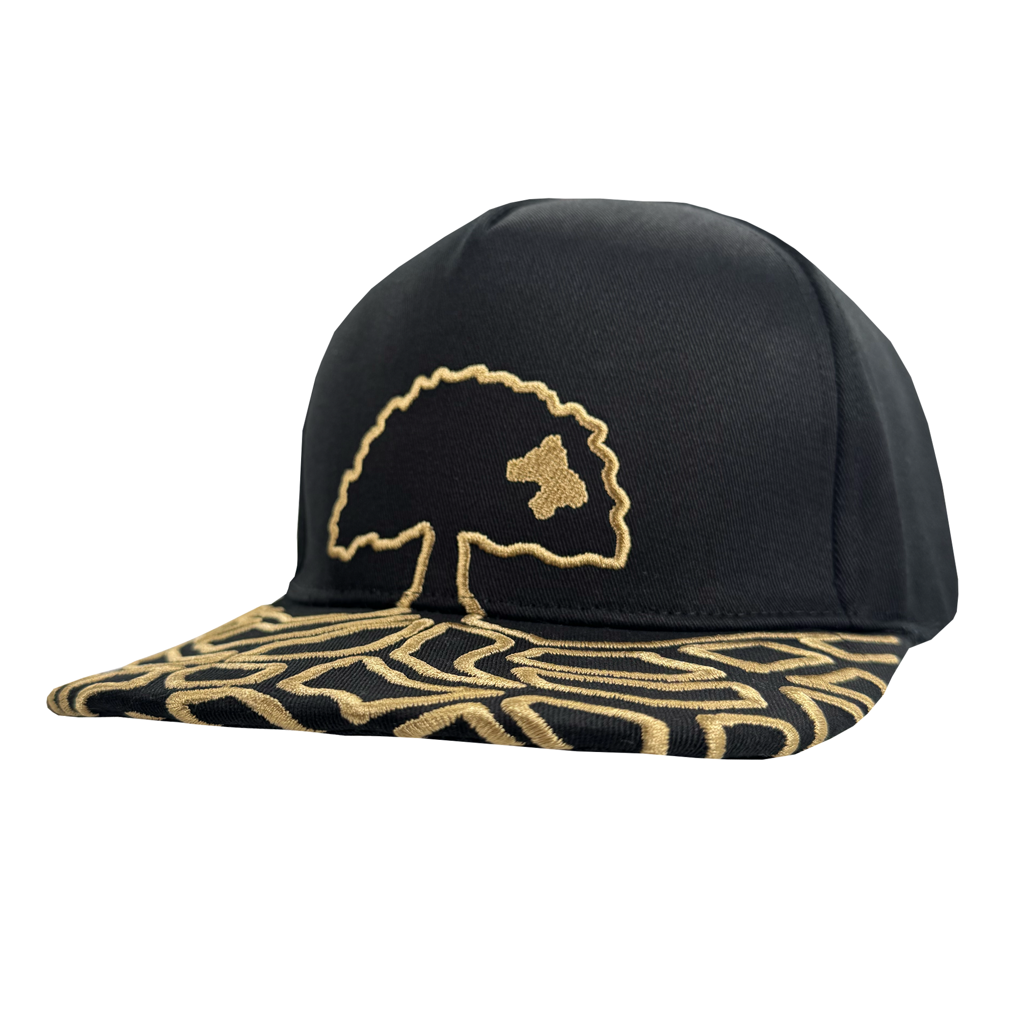 The Oakland Roots SC Growth Cap is a black 5-panel hat with gold embroidery. It features a stylized gold tree on the front and an abstract gold line pattern on the brim, creating a bold, signature look.