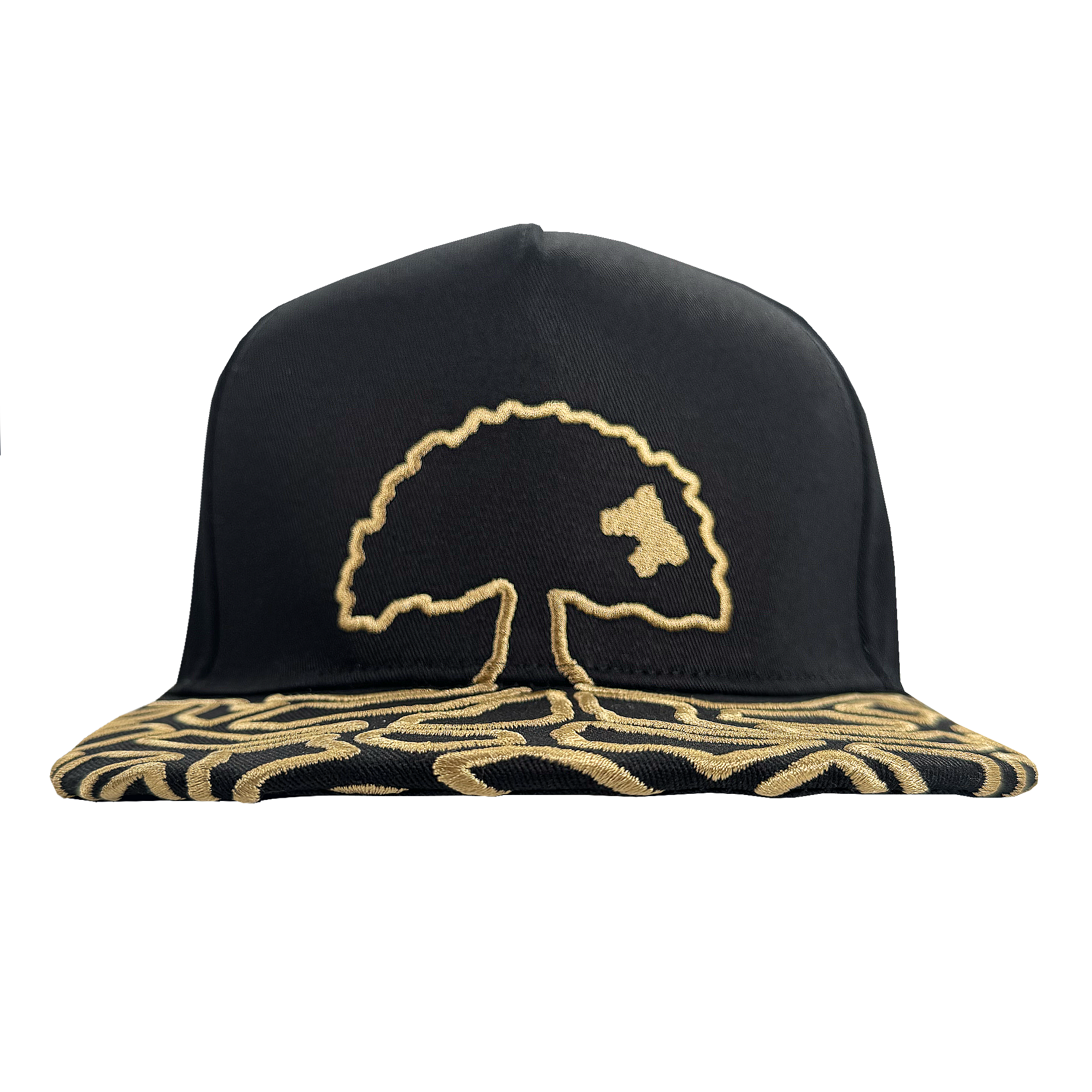 The Growth Cap by Oakland Roots SC is a black 5-panel snapback hat with a stylized gold tree embroidered on the front and abstract gold patterns on the flat brim, shown on a transparent background.