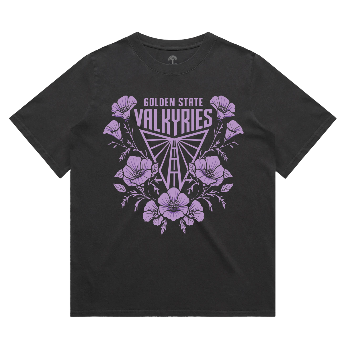 The GSV Women’s Poppies Tee is an oversized black t-shirt featuring a light purple graphic of a central triangle with radiating lines, framed by poppy flowers and leaves, with the text “GOLDEN STATE VALKYRIES” arched above.