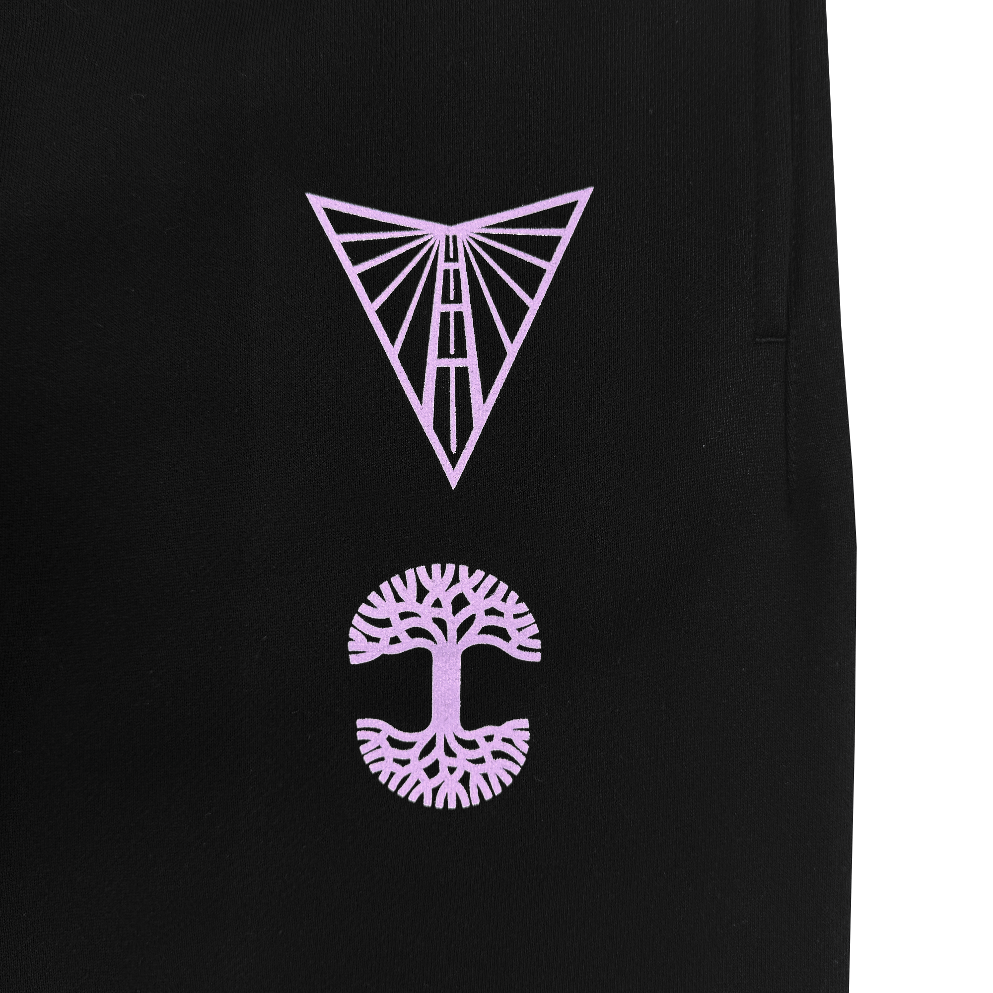 The GSV Renowned Pant by GSV is a black fleece sweatpant with two pink, vertically centered designs: an abstract triangular geometric symbol above and a stylized tree with spreading branches and roots forming a circle below.