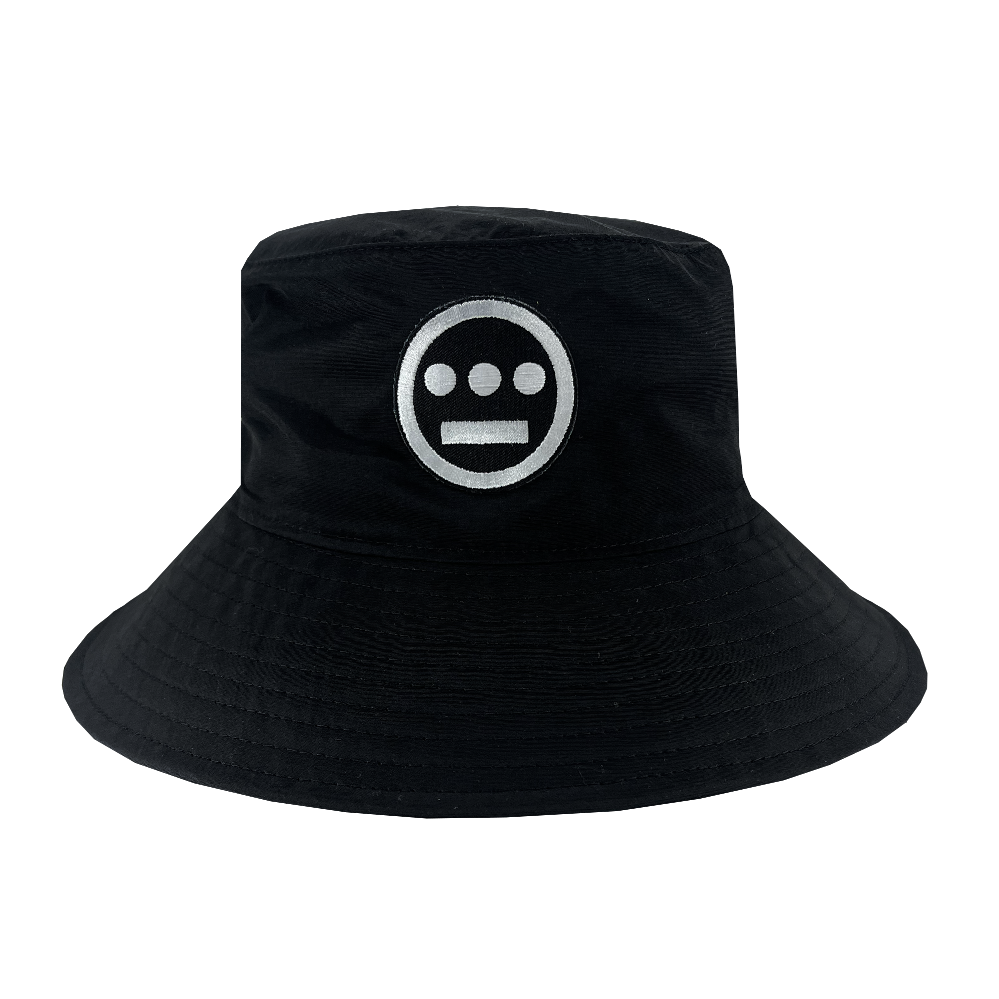 The Hiero Boonie Hat by Hieroglyphics is a black bucket hat crafted from recycled nylon, showcasing a striking white circular logo on the front. The logo features a solid circle with three smaller, evenly spaced circles inside it and three horizontal bars beneath them. This hat is designed with a wide, downward-sloping brim and visible stitching along the edges.