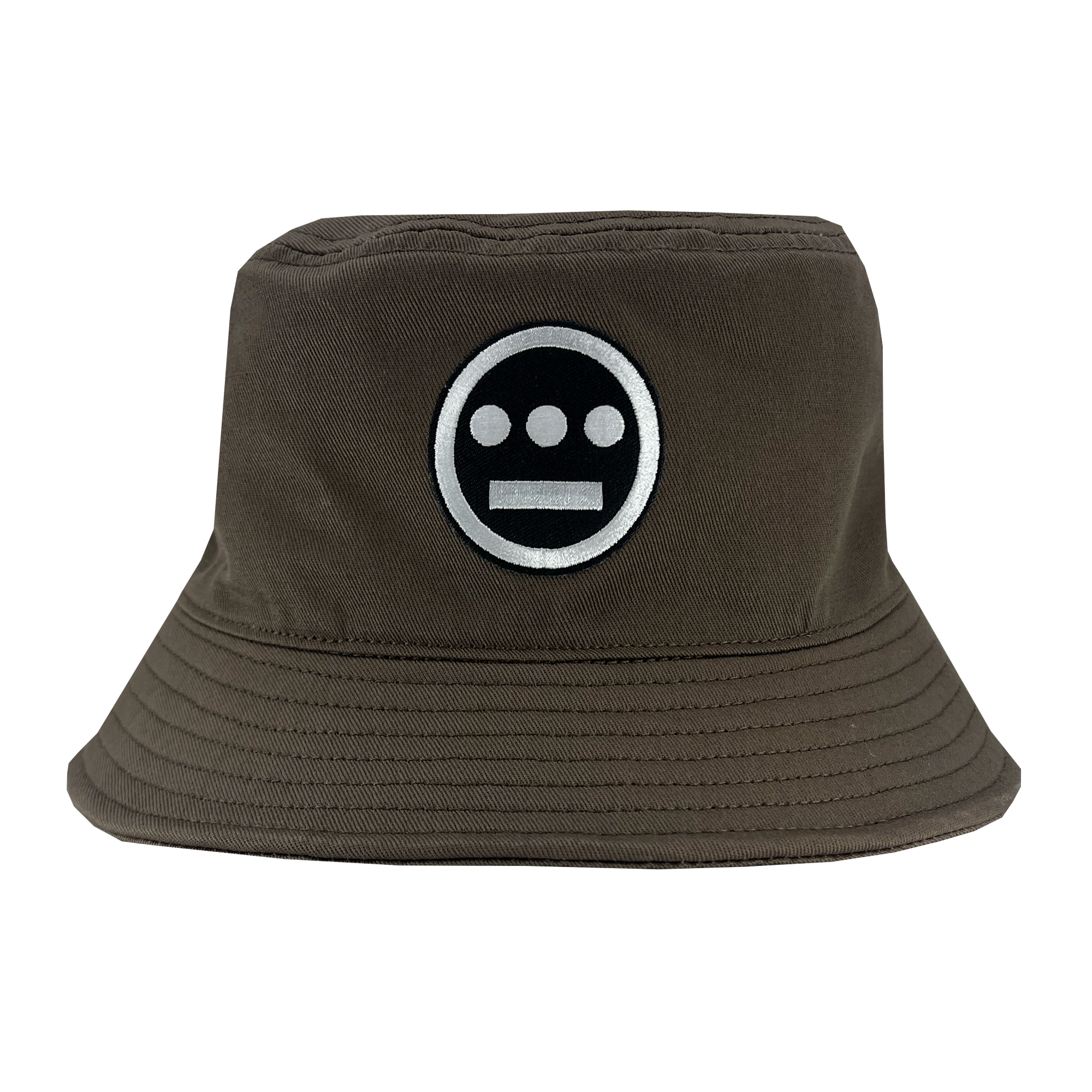 The Hiero Bucket Hat by Hieroglyphics is a dark brown hat featuring a minimalist black and white circular logo on the front, evocative of hieroglyphics. The logo showcases a stylized face with two large eyes and a straight line for the mouth, similar to an emoticon. The hat is completed with a neatly stitched brim and exudes a casual, laid-back vibe ideal for any hip-hop crew.