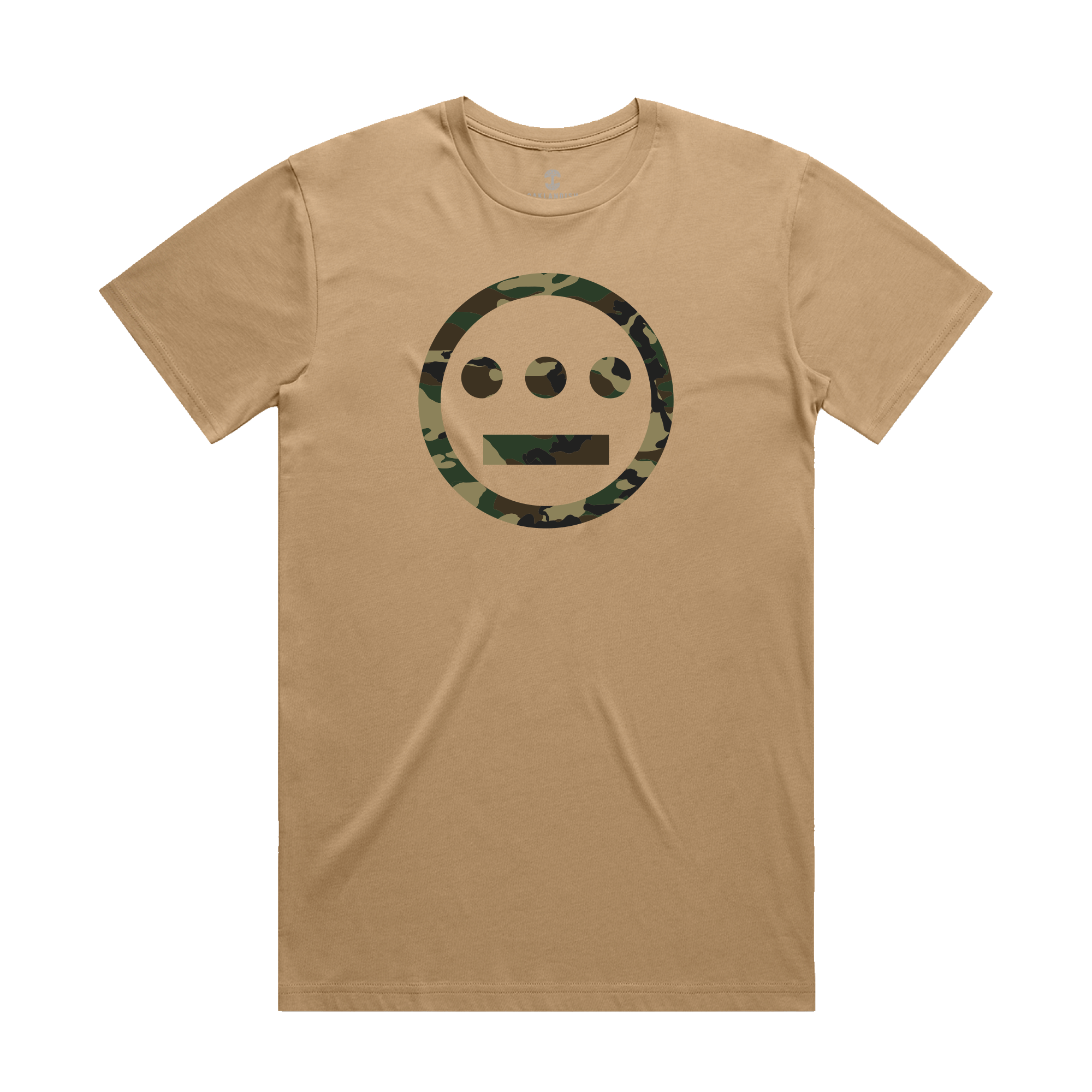 The Hiero Classic Camo Logo Tee by Other is a tan hip-hop t-shirt with a large, iconic face-in-circle Hieroglyphics logo in green and brown camo on the chest.