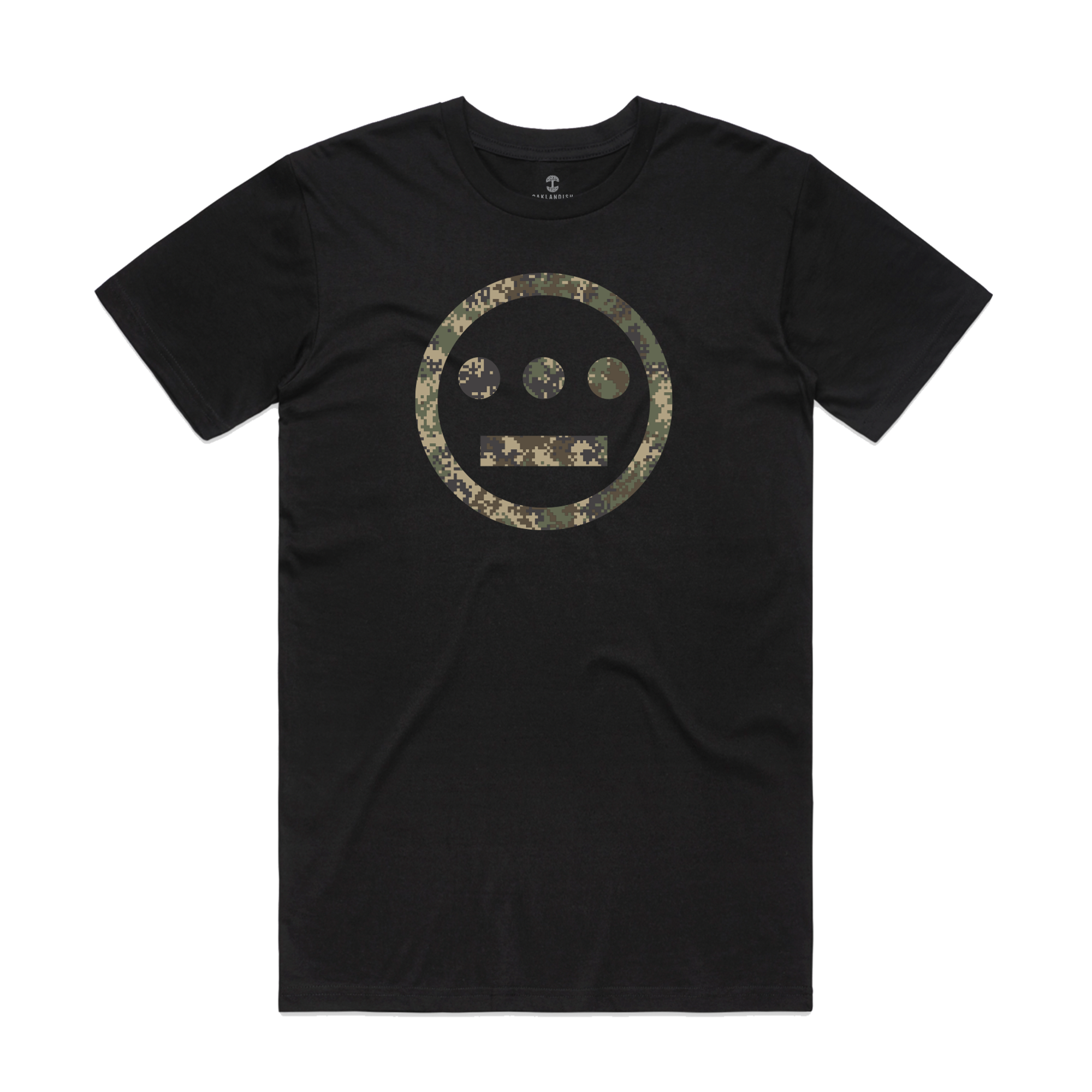 The Hiero Classic Camo Logo Tee by Other is a black short-sleeve hip-hop t-shirt with a large camouflage Hieroglyphics logo—featuring a minimalist three-eyed face—displayed on a white background in classic fit.