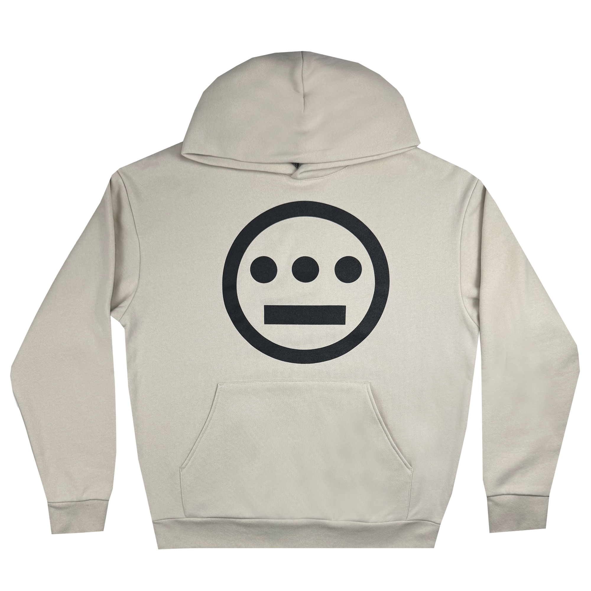 The Hiero Heavy Hoodie by Hieroglyphics is a beige pullover with a relaxed fit, showcasing a large black logo on the back. The logo includes three horizontal dots above a rectangular line enclosed in a circle. Made from heavyweight fleece, this stylish sweatshirt also features a front pocket and is displayed against a white background.