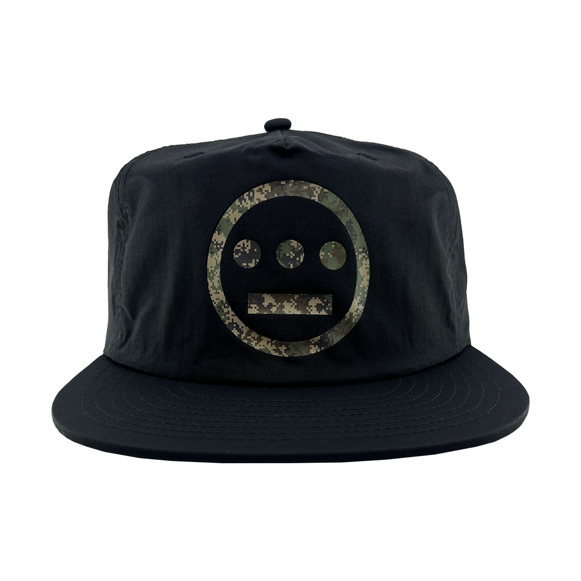 The Other Hiero Classic Camo Logo Hat is a black snapback cap with the iconic Hieroglyphics logo in green and brown camouflage on the front, set against a plain light gray background.