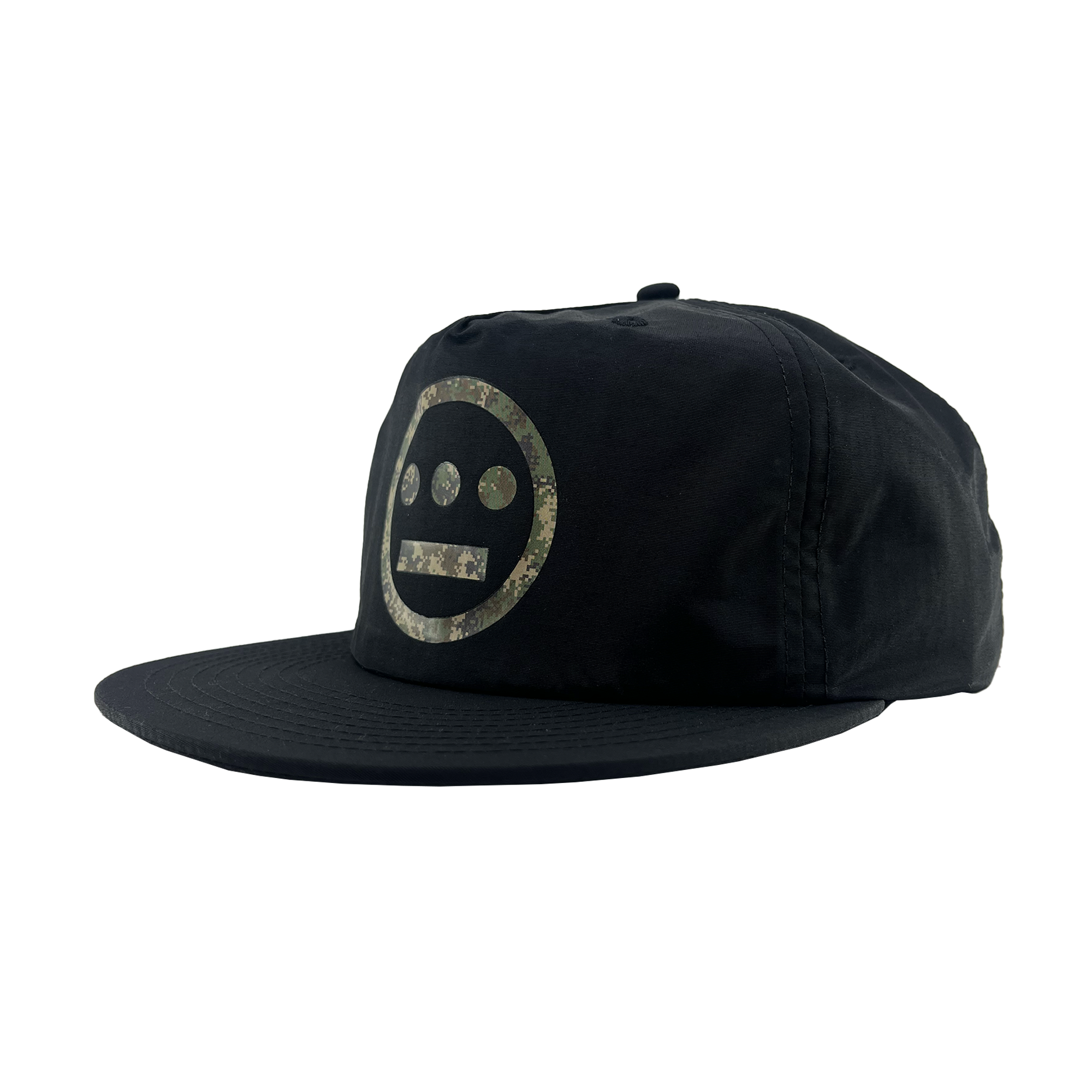 The Other Hiero Classic Camo Logo Hat is a black snapback with a flat brim, featuring a circular Hieroglyphics face logo in camo on the front—delivering hip-hop style that stands out against a plain white background.