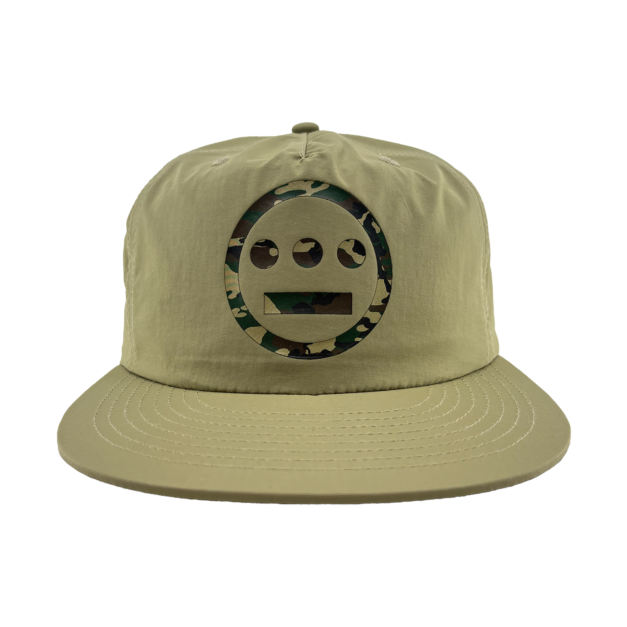 The Other Hiero Classic Camo Logo Hat is a khaki snapback cap with a flat brim. It features a circular green camo Hieroglyphics logo on the front, inspired by classic hip-hop style, set against a plain white background.