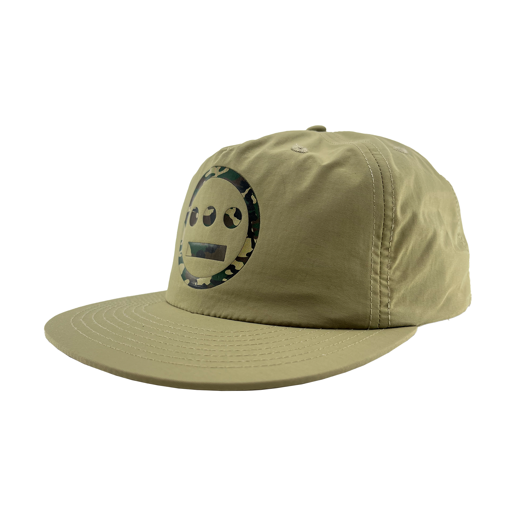 The Other Hiero Classic Camo Logo Hat is a khaki green snapback with flat brim, featuring a black Hieroglyphics smiley face logo in a camo circle, soft unstructured crown, and visible stitching—ideal for hip-hop style.