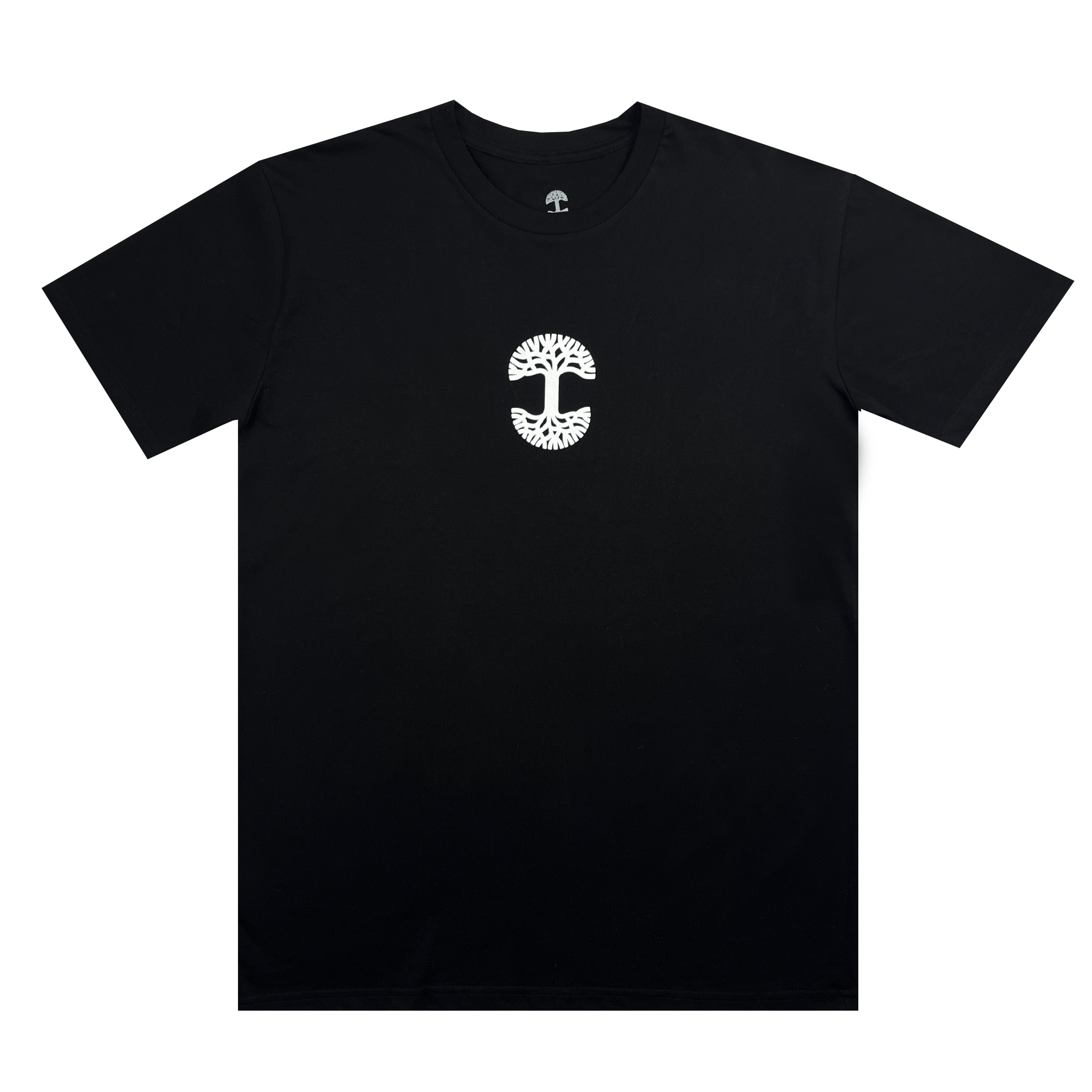 The "Who We Are and Who We Do it For Tee" by Oaklandish is a plain black, 100% cotton T-shirt featuring a small white logo on the chest. The logo resembles a stylized tree with a wide canopy and complex root system, enclosed within an oval shape. This classic fit T-shirt has short sleeves and a round neck, perfect for showcasing your Oakland pride.