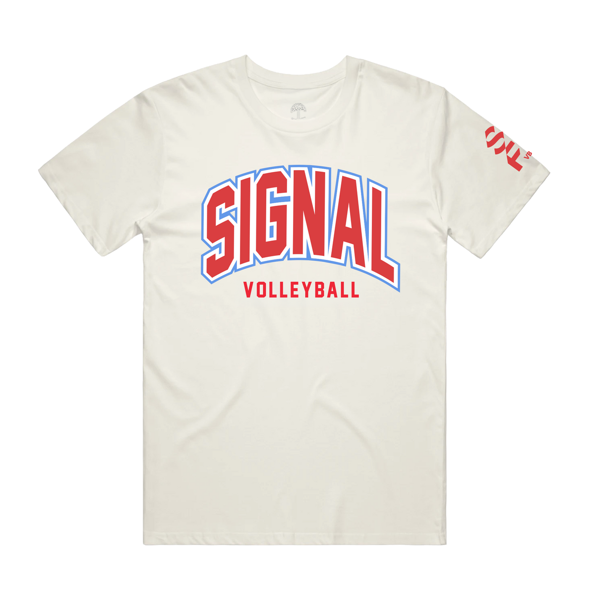 The cream-colored, 100% cotton Impact Tee classic fit t-shirt features “SIGNAL” in red letters with a light blue outline arched across the chest, “VOLLEYBALL” centered below in smaller red letters, and a red graphic logo on the left sleeve.