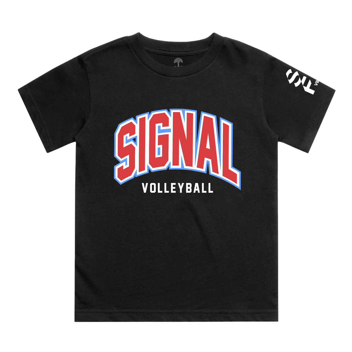 A black Youth Impact Tee features “SIGNAL” in arched red letters with blue and white outlines, “VOLLEYBALL” in white below it, and a stylized white logo on the left sleeve.