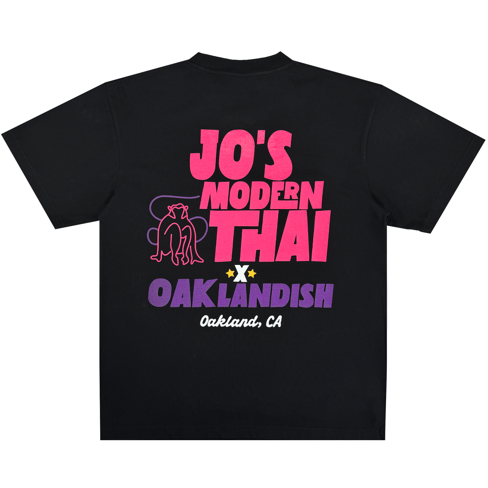 The Jo's Modern Thai X Oaklandish Tee by Oaklandish is a black classic fit shirt featuring bold “JO’S MODERN THAI” on the back, a purple seated figure outline, “OAKLANDISH” with stars, and “Oakland, CA” in white cursive.