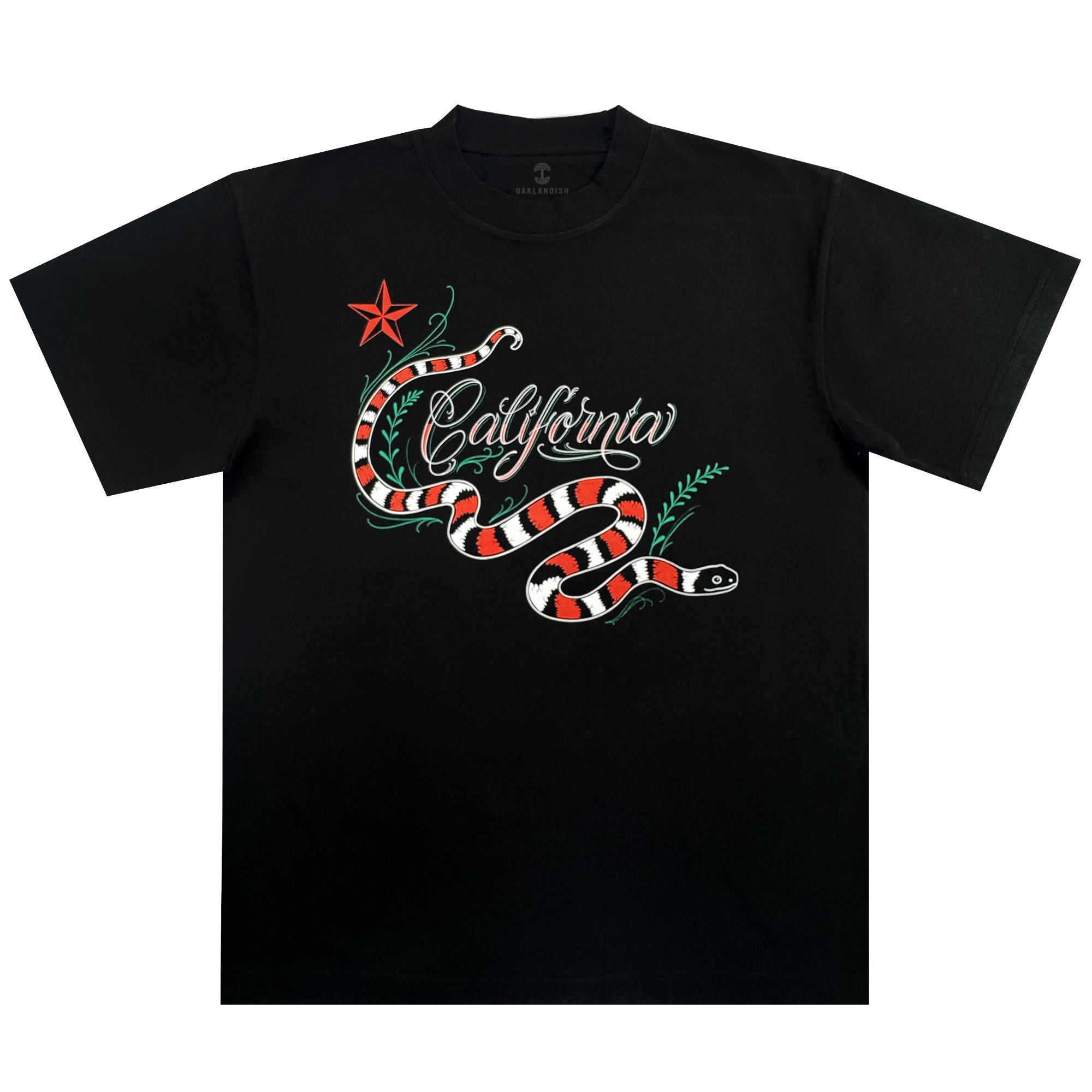 The Oaklandish CA King Tee is a men’s black t-shirt with a bold red, white, and black snake, green leaves, a red star, and “California” in white cursive across the chest. This classic fit heavyweight cotton tee ensures lasting comfort.