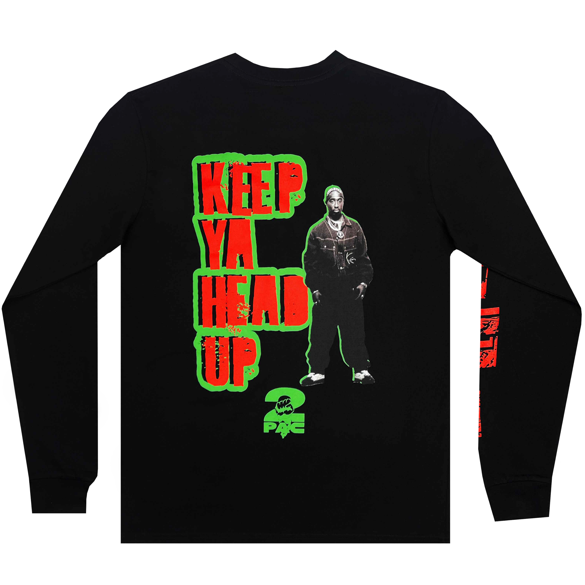 The "You Got To KYHU LS Tee" from the Oaklandish brand is a black long-sleeve shirt celebrating their collaboration with Tupac. It features a graphic of a man in dark clothing, with "KEEP YA HEAD UP" boldly displayed in red and green letters on the upper left. The front showcases "2 PAC" with "Shakur" below, and the sleeves are embellished with red text.