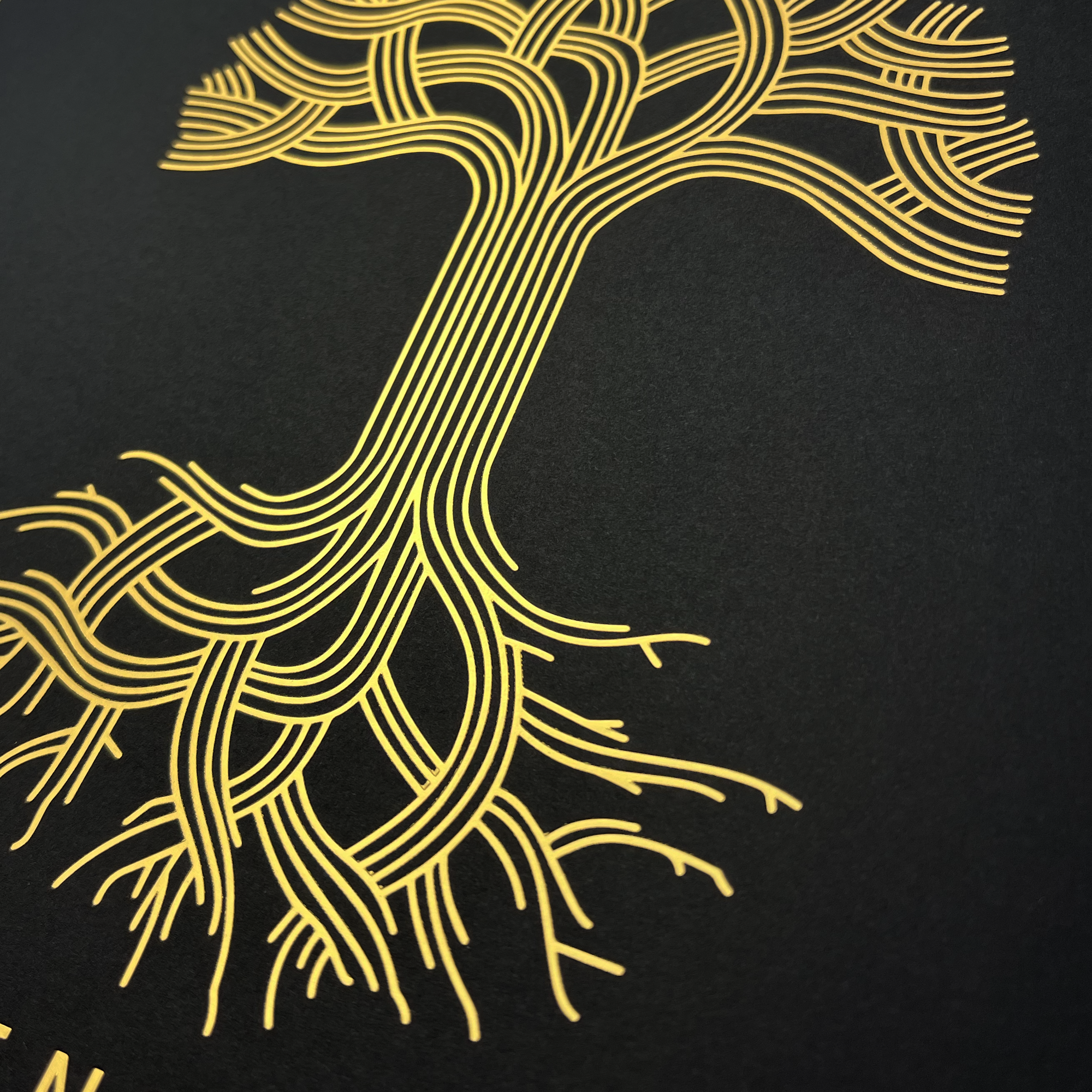 The Oaklandish Classic Logo Print by Never Elsewhere features a stylized representation of a tree with intricate copper and metallic gold foil lines against a black background. The branches and roots are depicted as elaborate, interwoven patterns, giving the artwork a modern and abstract appearance. The design is striking with its high contrast and clean lines.