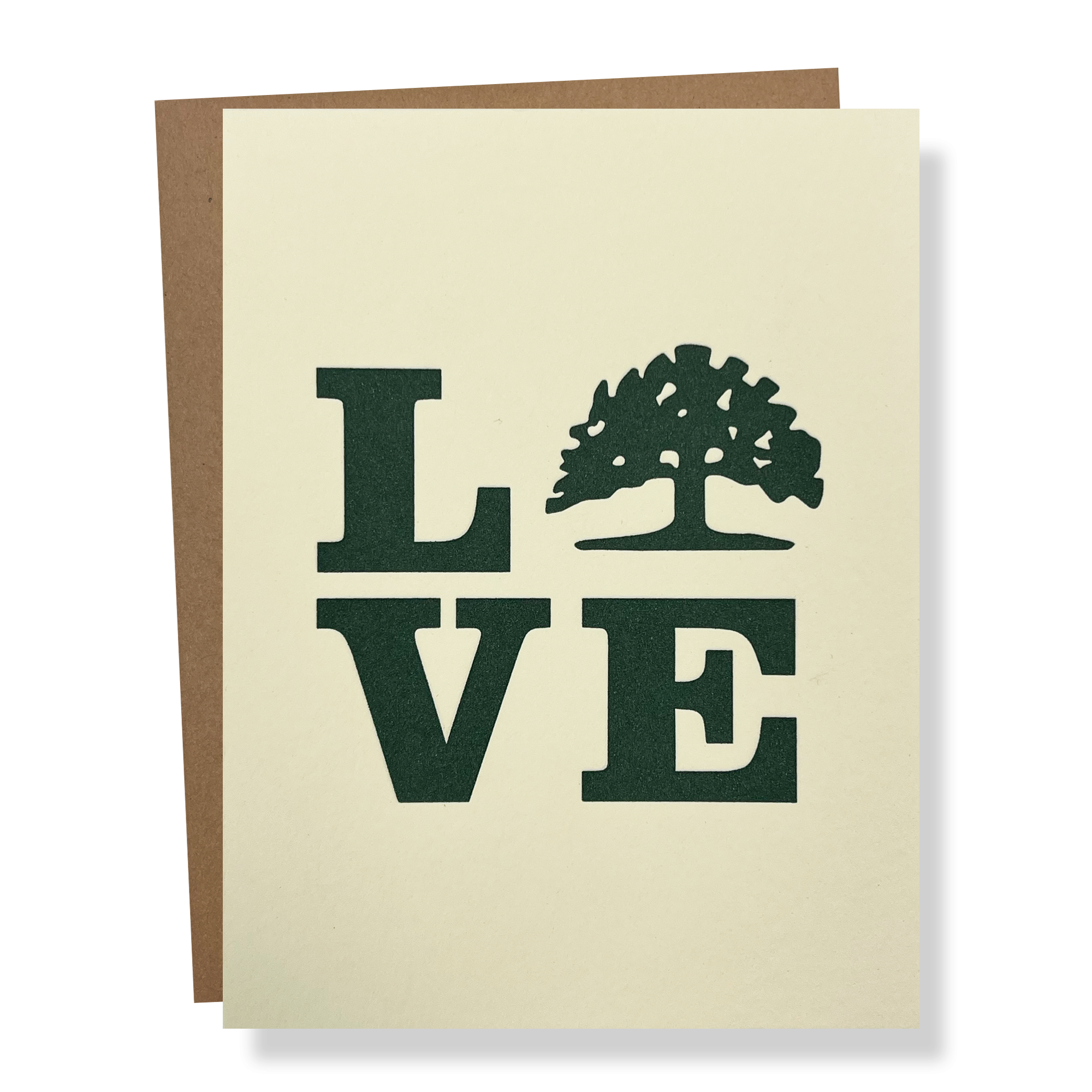 Linen colored greeting card with LOVE wordmark with the O as a Oakland tree in green.