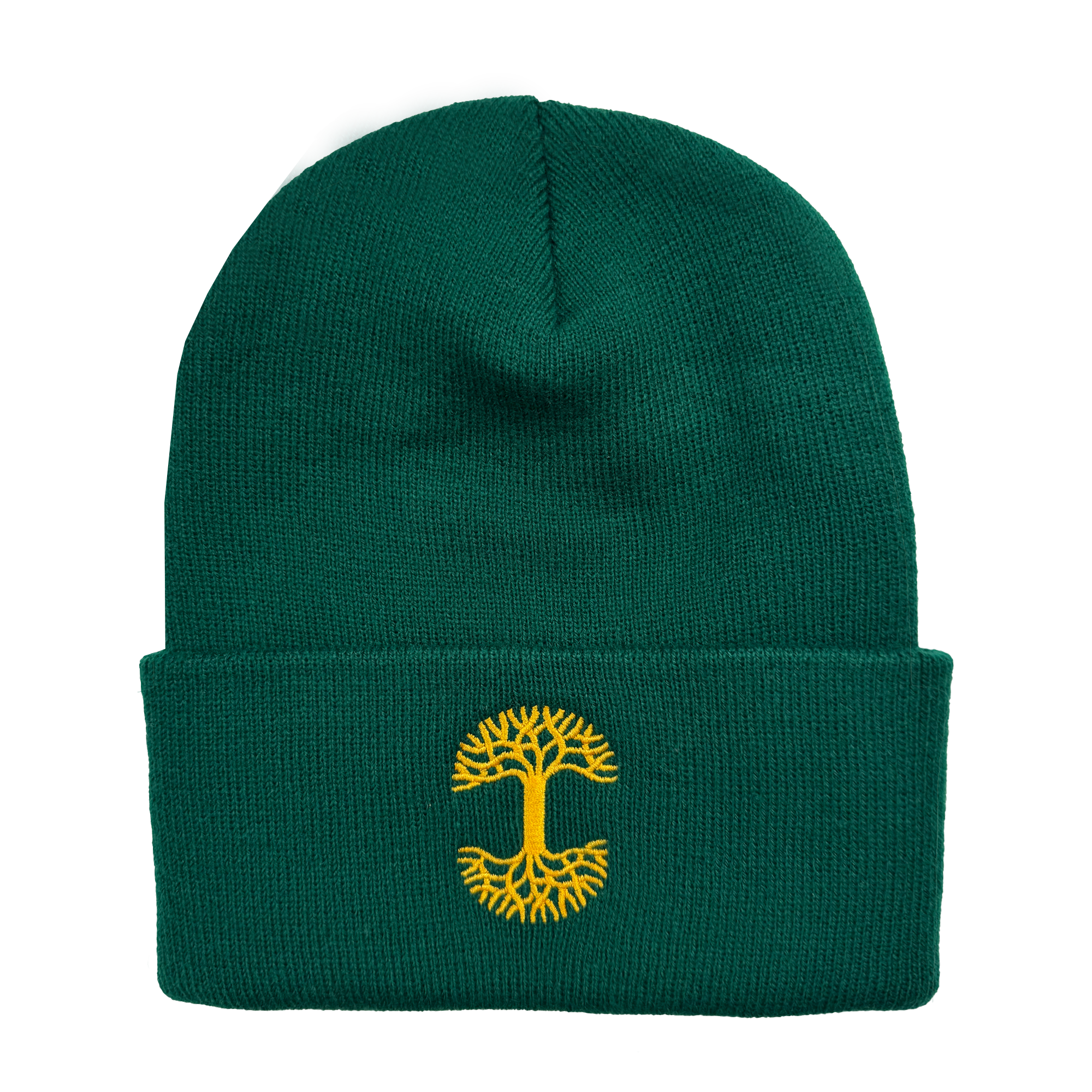 The Oaklandish Classic Logo Embroidered Beanie, crafted by Oaklandish, features a green woven design with a folded brim and showcases a yellow embroidered logo on the front. The logo resembles the letter "T" with tree-like branches extending from both ends in a symmetrical pattern. This stylish piece of headwear is presented isolated against a white background.