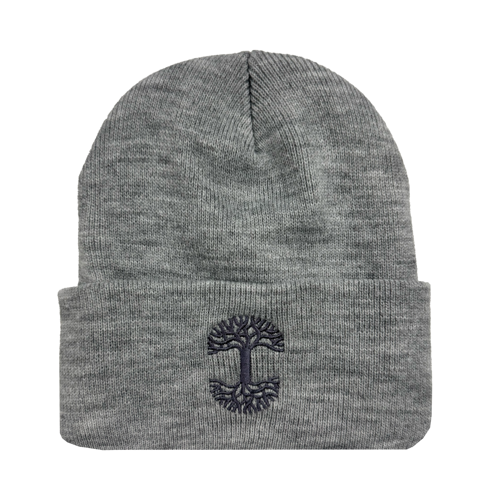 The Oaklandish Classic Logo Embroidered Beanie from the brand Oaklandish is a gray knit beanie featuring a folded brim. It showcases an embroidered logo of a dark tree with symmetrical branches and roots in a circular design at the center front. This woven headwear offers a soft, ribbed texture for ultimate comfort.