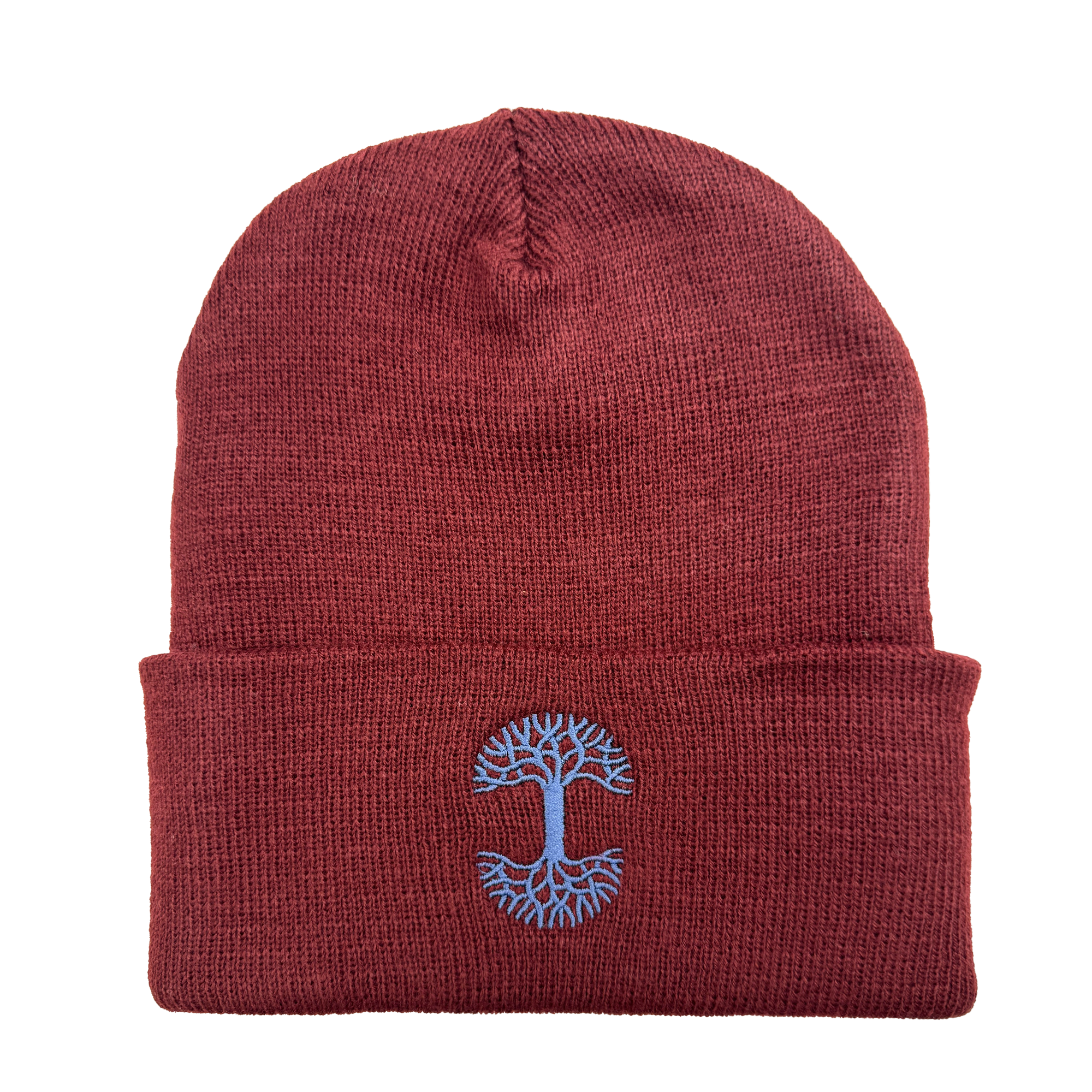 An Oaklandish Classic Logo Embroidered Beanie in maroon, featuring a blue embroidered tree design prominently centered on the folded brim. This stylish headwear showcases intricate branching patterns as the Oaklandish logo, creating an eye-catching contrast with the maroon fabric.