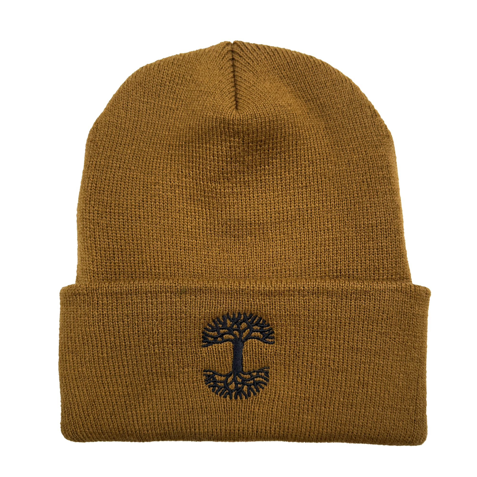 The Oaklandish Classic Logo Embroidered Beanie, crafted in brown knit with a fold-over cuff, showcases an embroidered tree of life symbol prominently in the center. This elegant piece from Oaklandish is set against a plain white background, accentuating its simple yet sophisticated design.