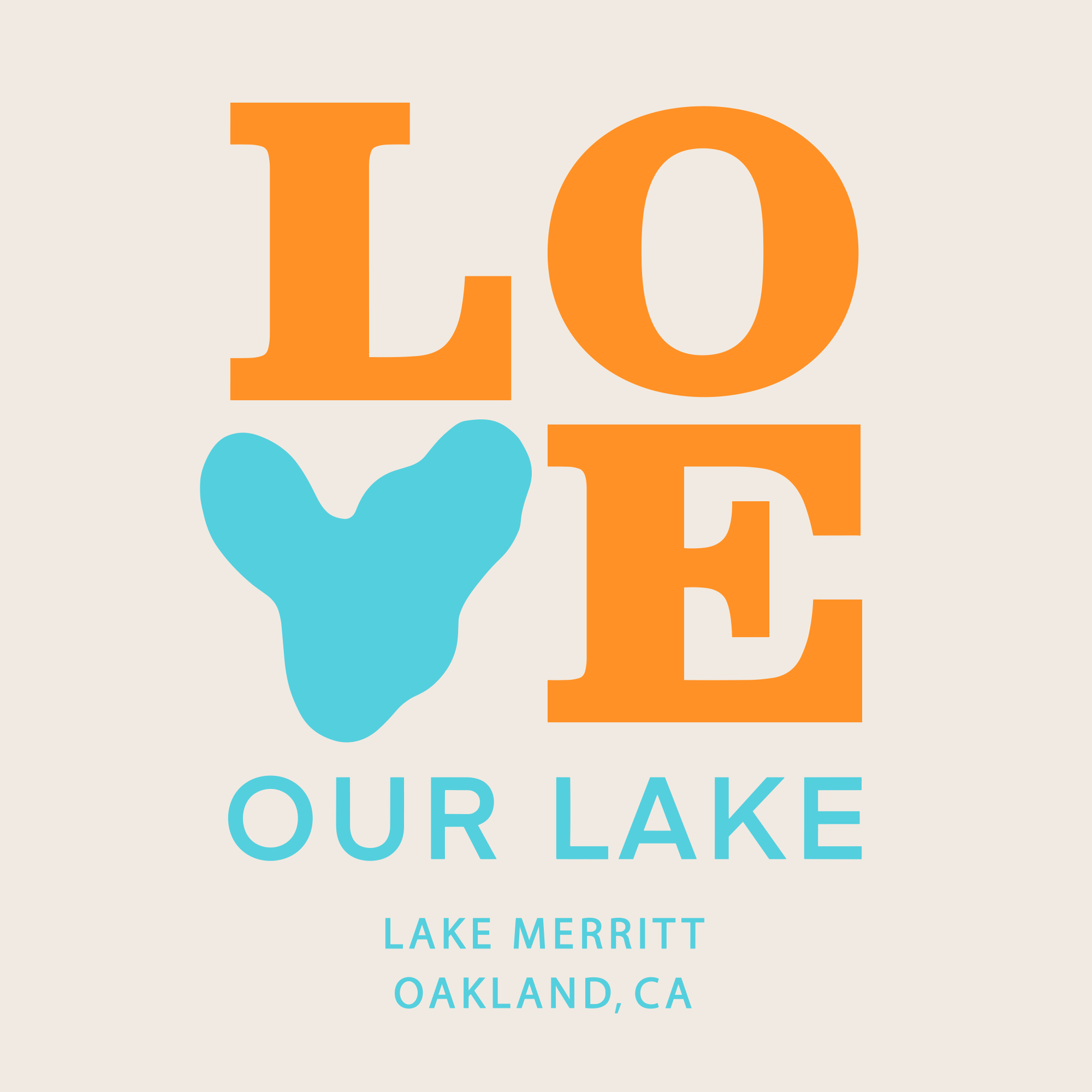 The Women's Love Our Lake Tee by Oaklandish features a vibrant design with the phrase "LOVE OUR LAKE" in bold letters. The word "LOVE" is highlighted in orange, with the "V" creatively replaced by a turquoise heart-like shape that resembles Lake Merritt. Below this, the text reads "LAKE MERRITT OAKLAND, CA" in turquoise. The background of the image is light beige. This tee is part of a community campaign to celebrate Lake Merritt and Oakland.