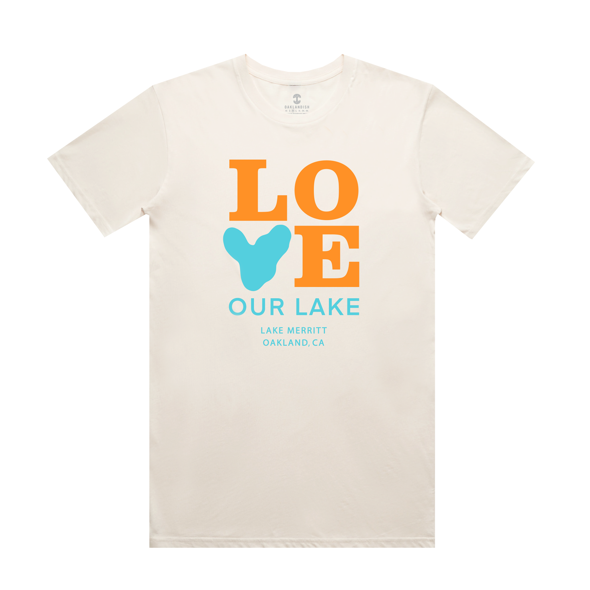 Front view of Ecru cotton t-shirt with Love our Lake, Lake Merritt Oakland, CA text in blue and orange. 